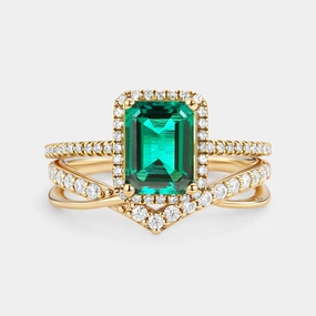 Emerald Cut Emerald & Moissanite Yellow Gold Ring Set Lightweight accessory