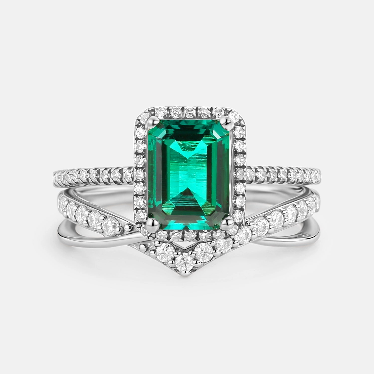 Traditional Trinket Luxurious design Emerald Cut Emerald & Moissanite Yellow Gold Ring Set