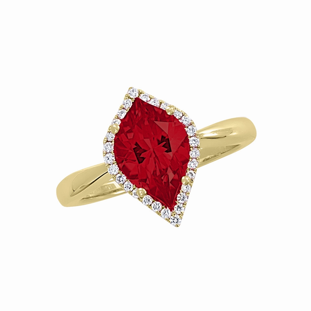 Gentle Look Occasion Accent 14K yellow gold ring with an 11x7mm flame cut Chatham lab grown ruby and Chatham lab grown diamond halo accents.