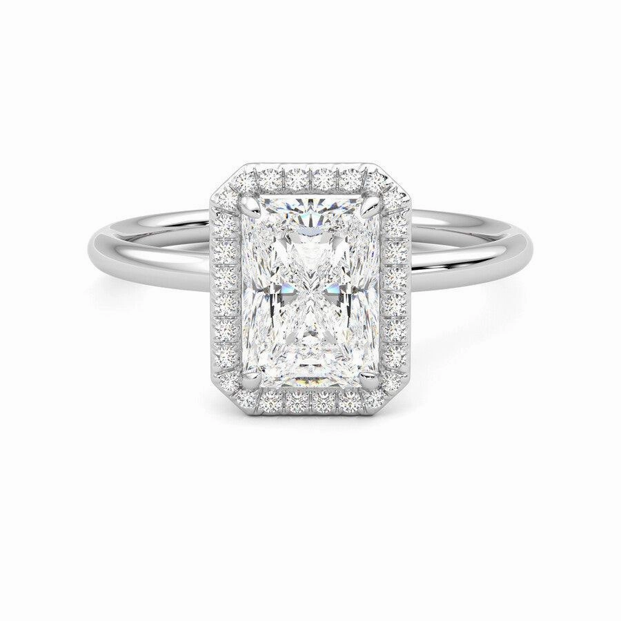 Radiant Cut Halo Moissanite Engagement Ring with Hidden Anniversary Stone Accent Light Feature Modern Style