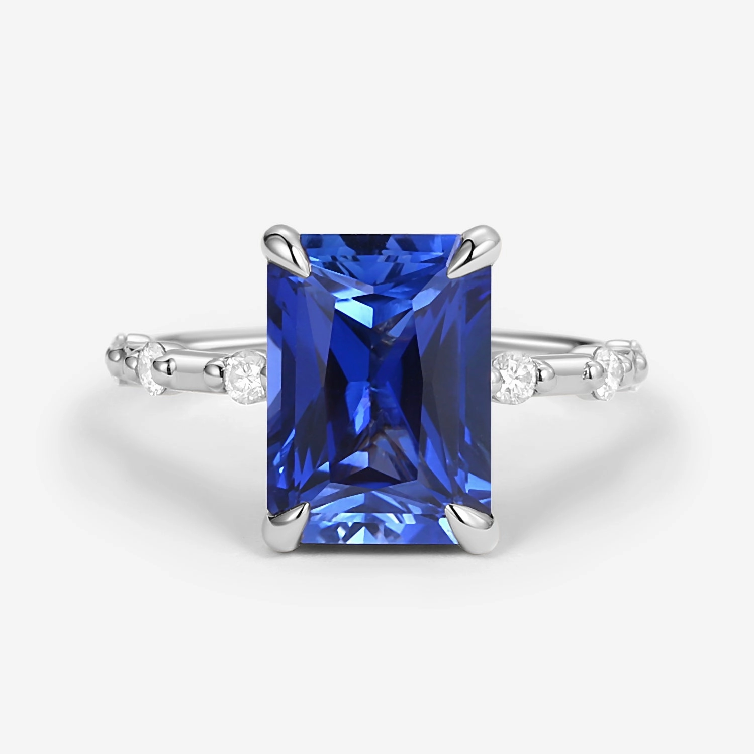 Radiant Cut Lab Sapphire & Moissanite Hidden Halo Ring Glamorous Piece