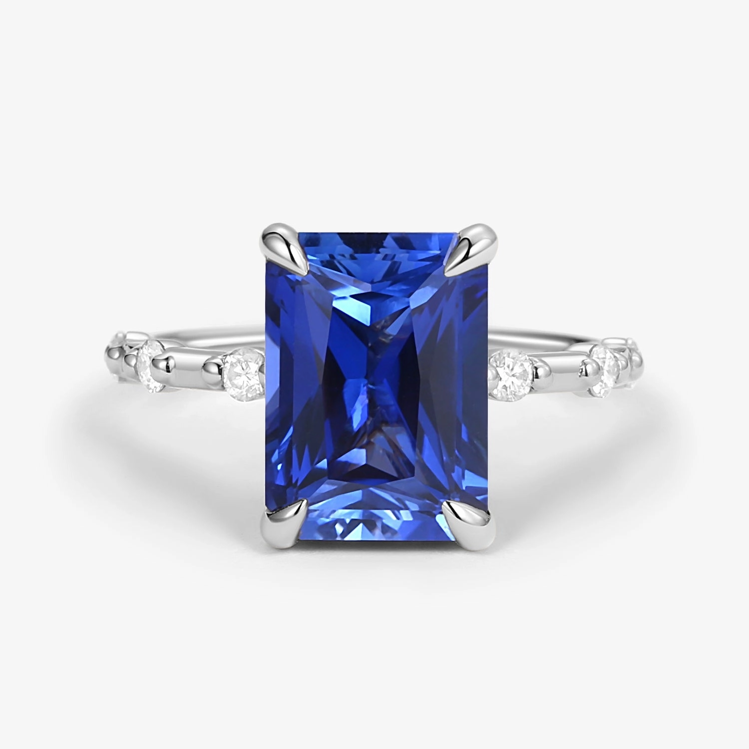 Casual Spark Trendy Detail Radiant Cut Lab Sapphire & Moissanite Hidden Halo Ring