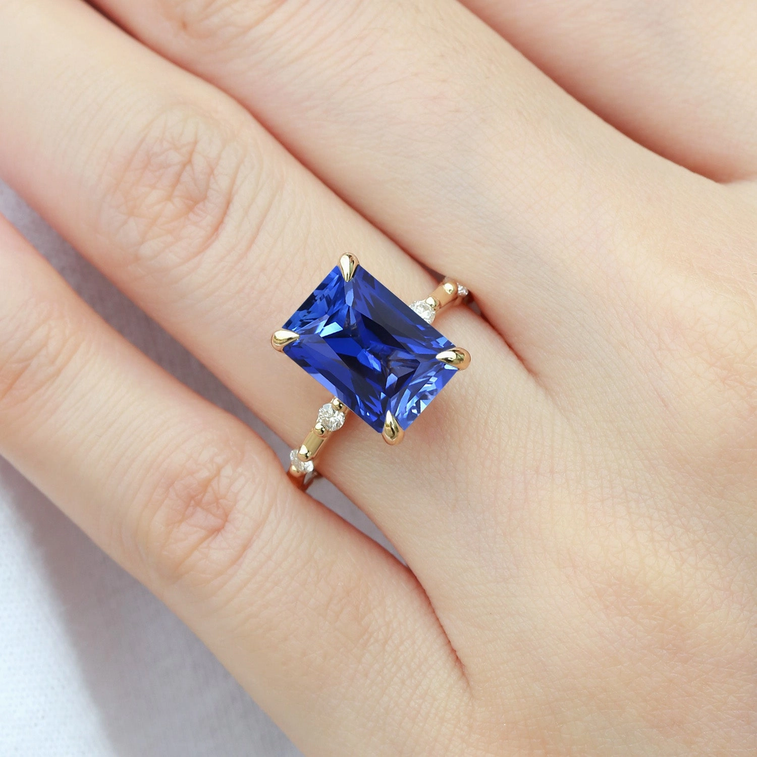 Street Chic Classic Attire Radiant Cut Lab Sapphire & Moissanite Hidden Halo Ring