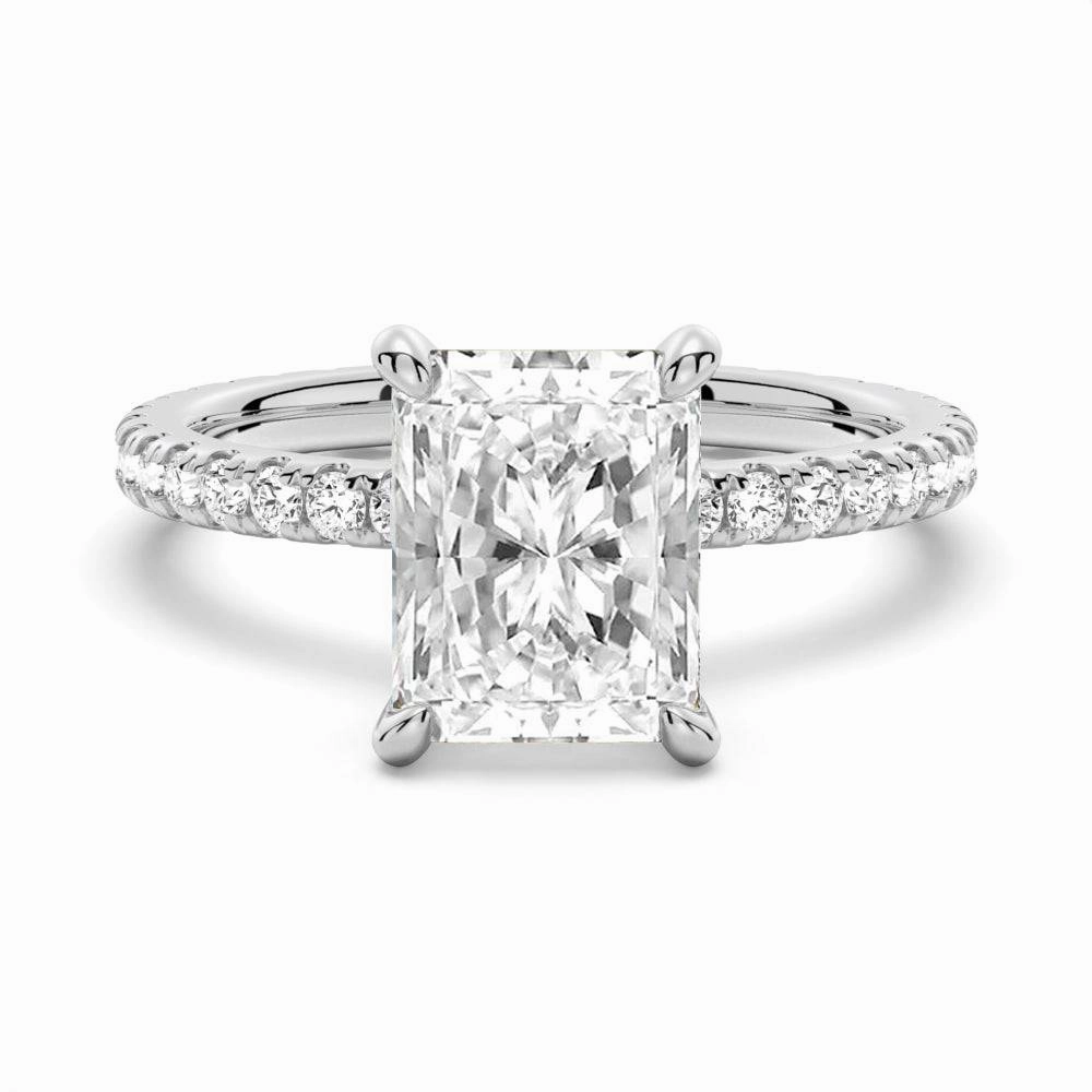 Gift Box Chic Form Radiant Cut Moissanite Engagement Ring With Eternity Pave Shank
