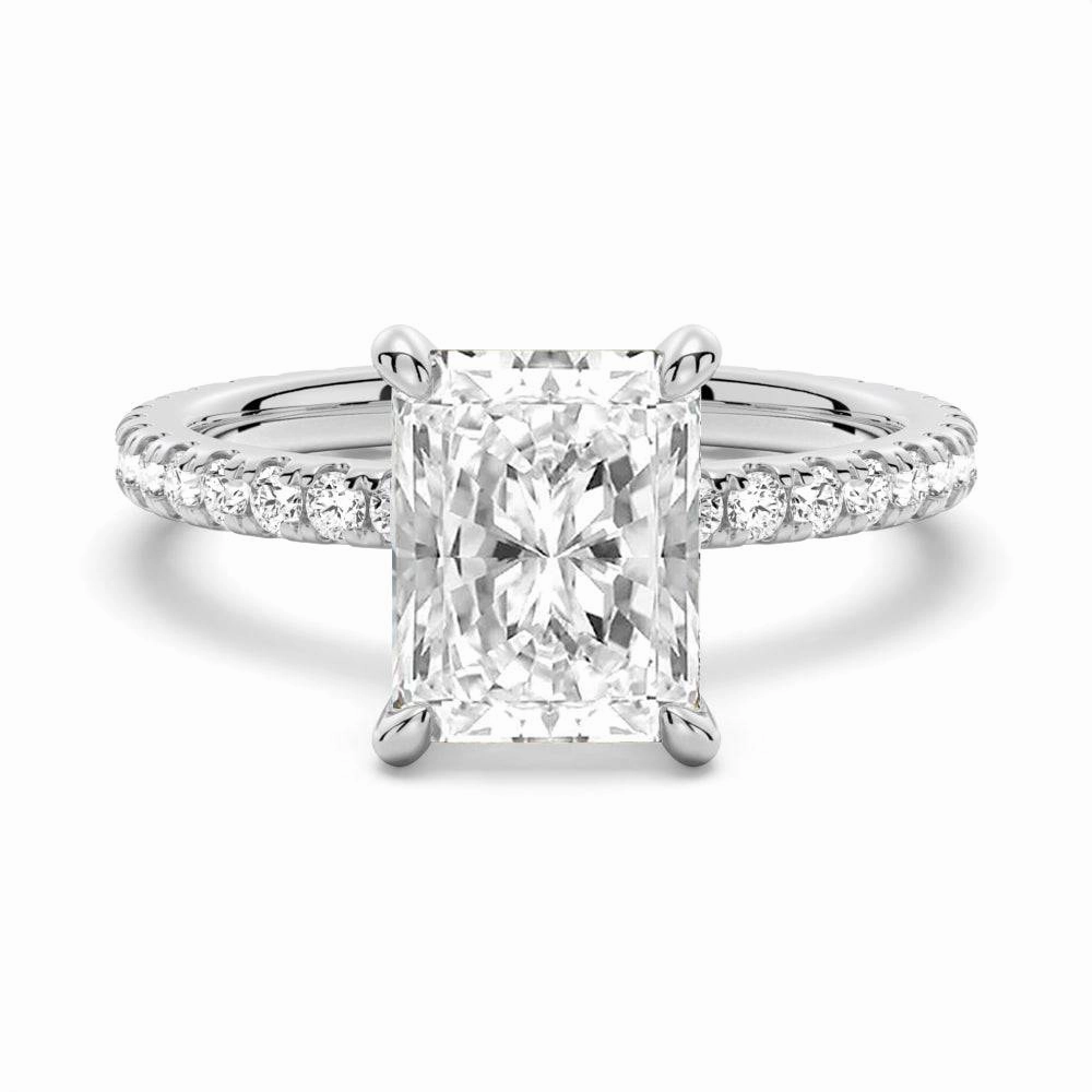 Radiant Cut Moissanite Engagement Ring With Eternity Pave Shank Luxe Glow