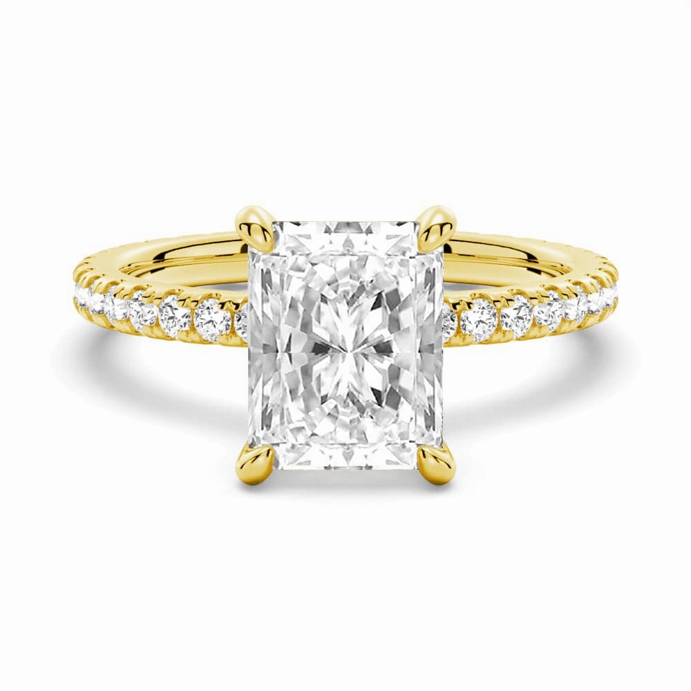Instant Match Model Shot Radiant Cut Moissanite Engagement Ring With Eternity Pave Shank