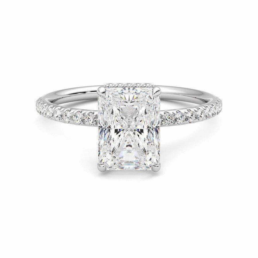 Lively Detail Bold Layer Radiant Cut Moissanite Engagement Ring with Hidden Halo and Anniversary Stone Accent