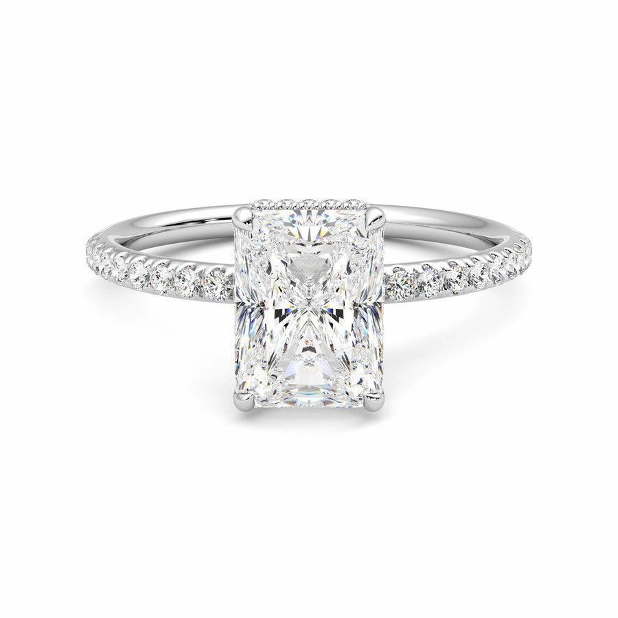 Radiant Cut Moissanite Engagement Ring with Hidden Halo and Anniversary Stone Accent Sleek Detailing Night Style