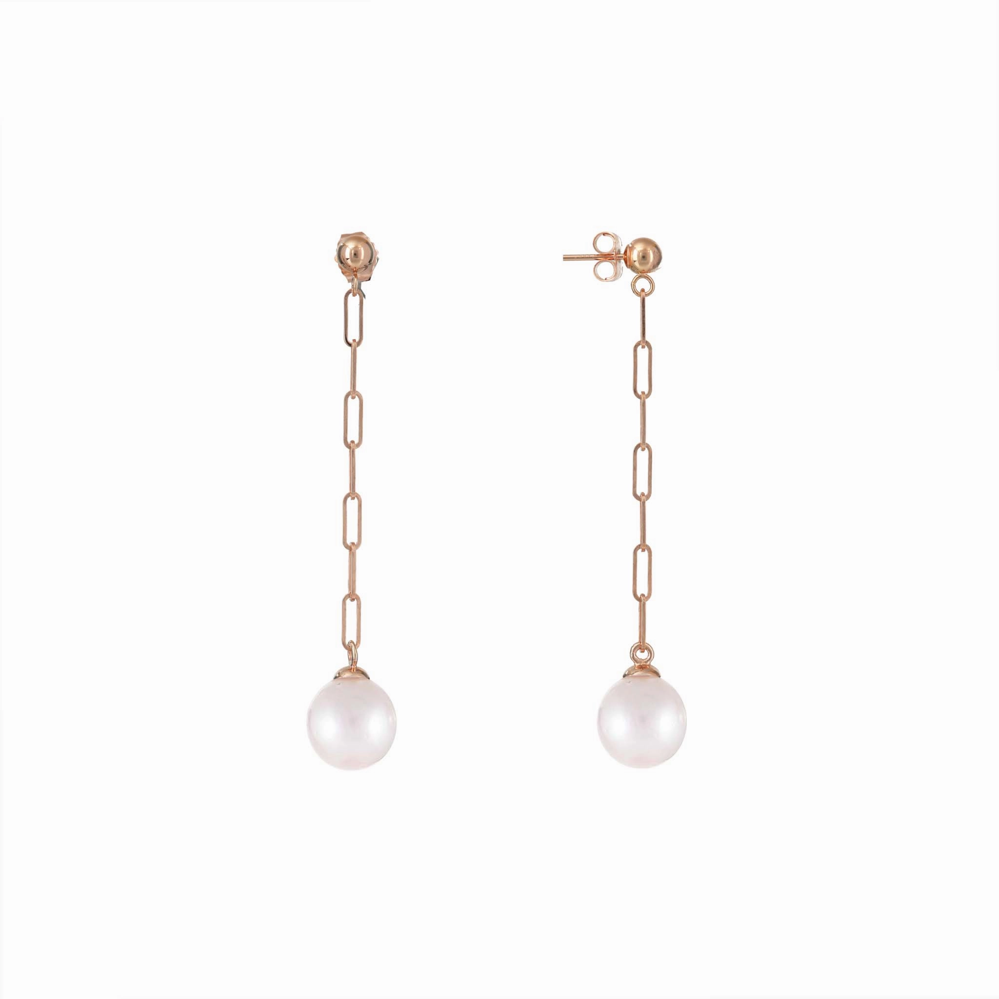 Bold Layer Akoya White Pearl Paperclip Chain Earrings in Rose Gold - 8mm