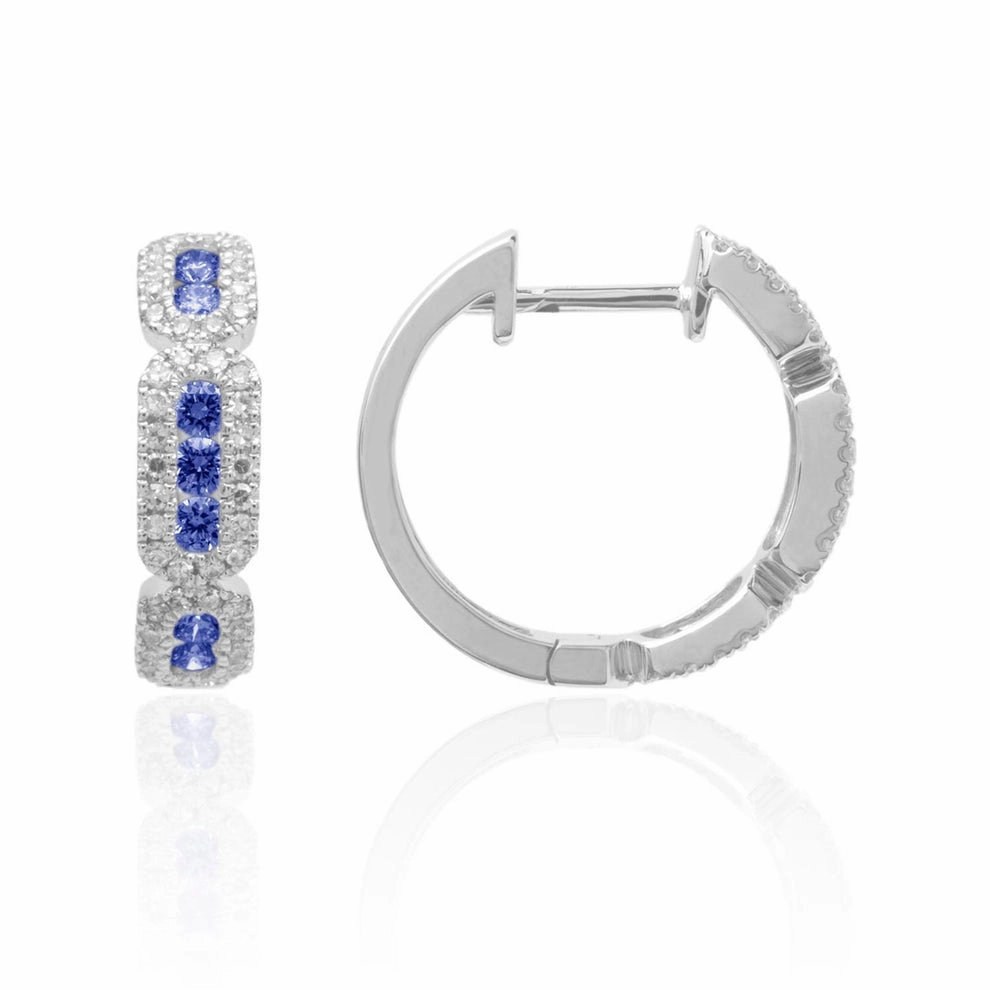 14K White Gold Diamond and Sapphire Art Deco Hoop Earrings Handcrafted Design