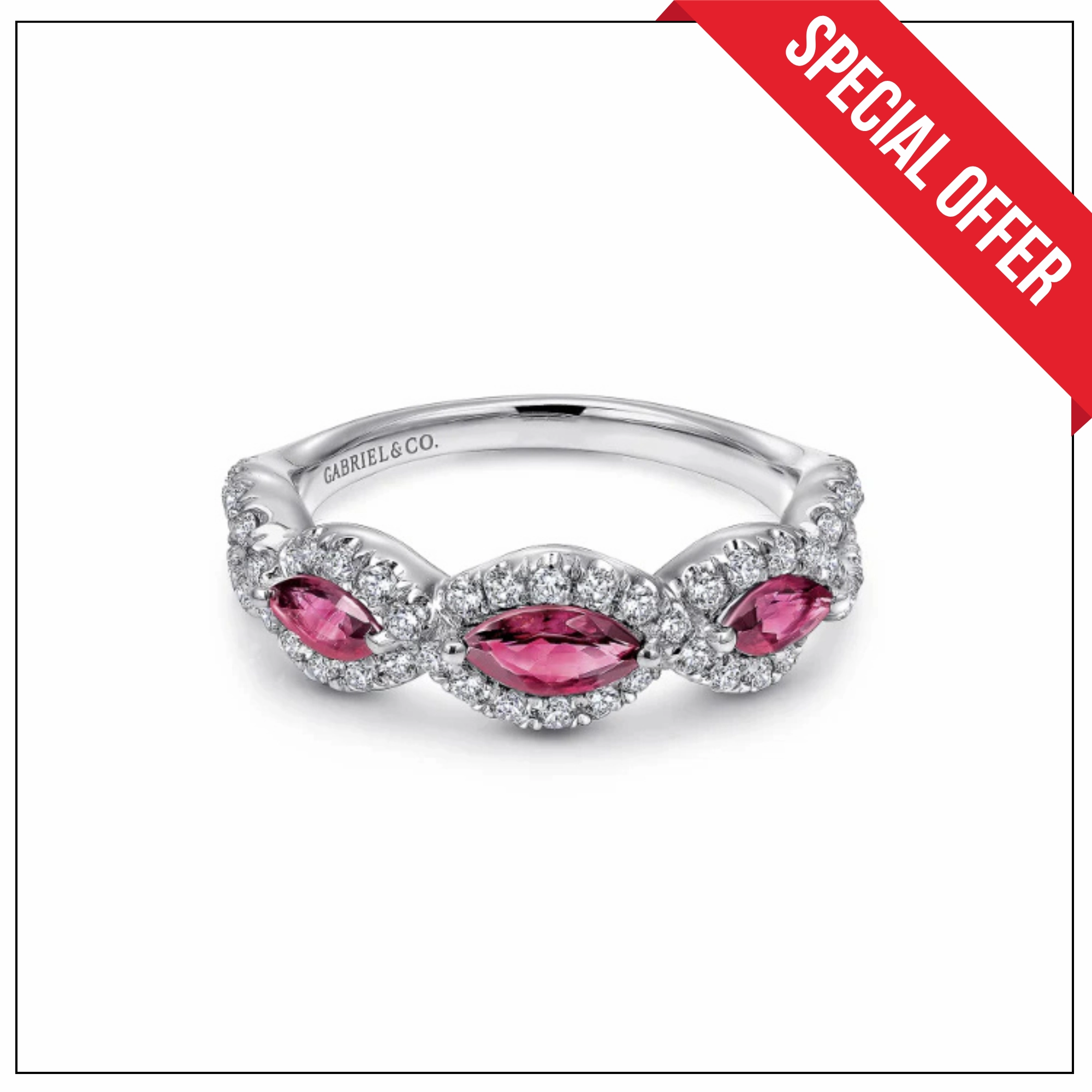 Glow Piece 14K White Gold Twisted Diamond Rows and Ruby Marquise Stones Ring