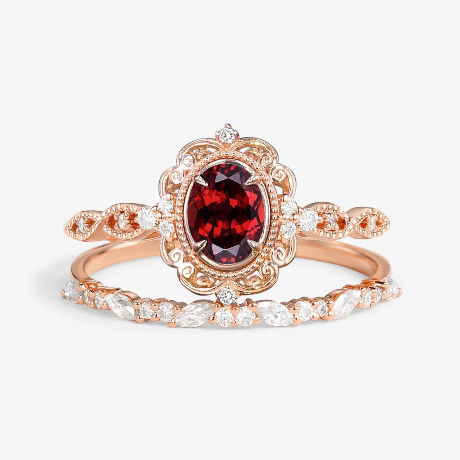 Superior Craft Graceful Accent Victorian Vintage Oval Garnet Engagement Ring Set 2pcs