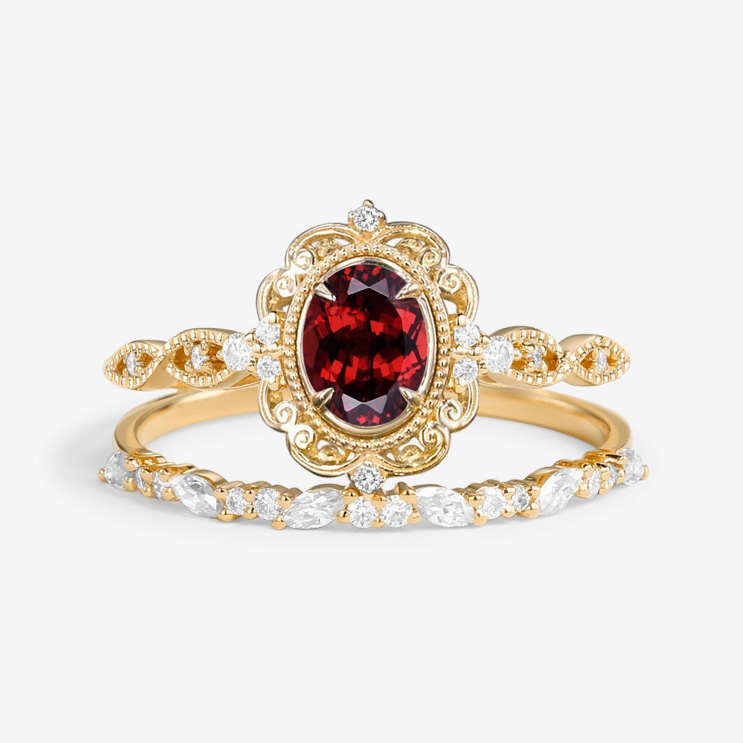 Victorian Vintage Oval Garnet Engagement Ring Set 2pcs Petite Touch Classic Contour