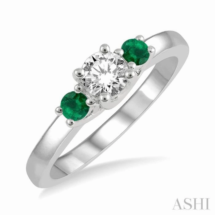 Personal Piece 2.70 MM Round Shape Emerald and 1/3 Ctw Past, Present and Future Round Cut Diamond Precious Ring in 14K White Gold