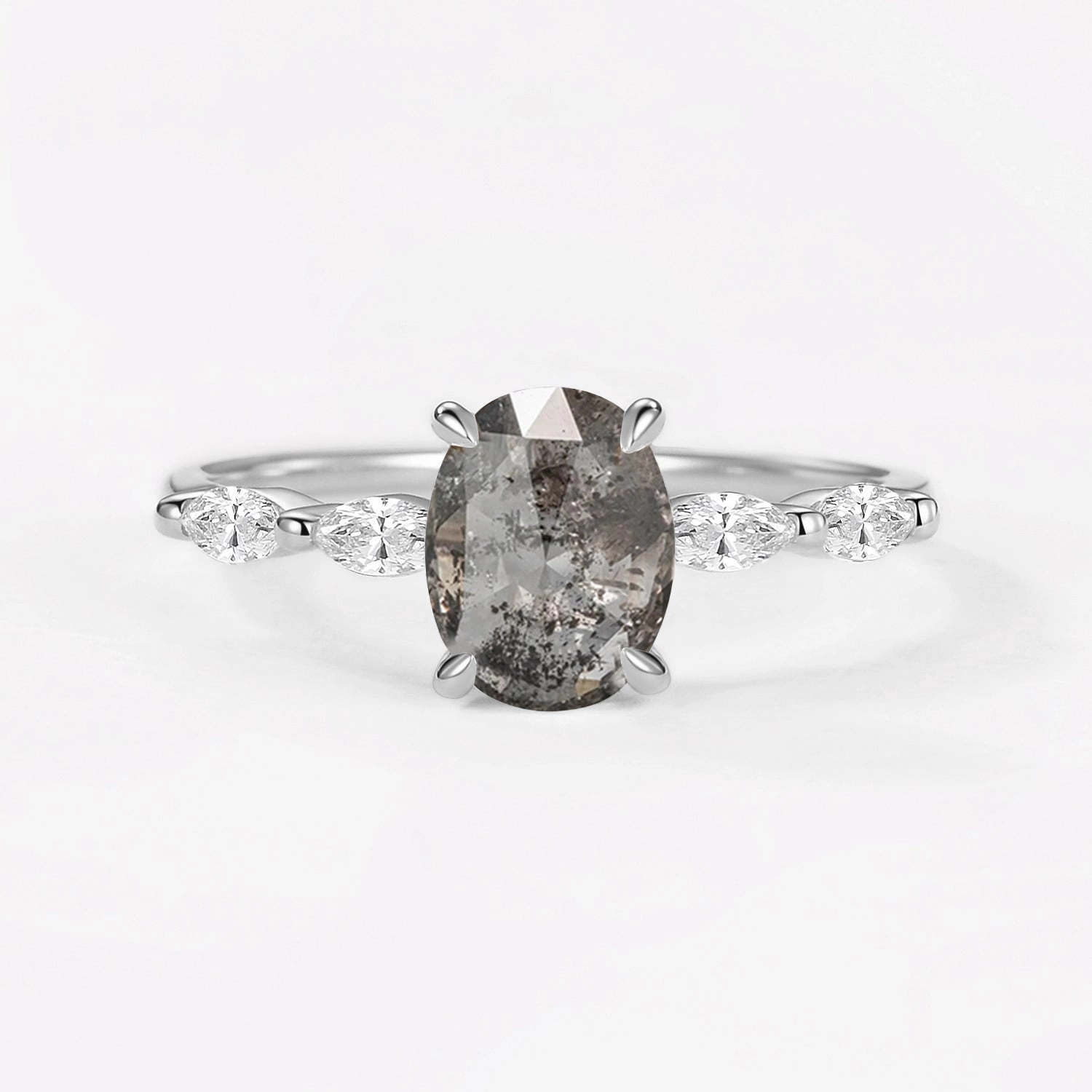 Oval Cut Salt and Pepper Diamonds Classic Engagement Ring Handmade Elegance Sparkle Style