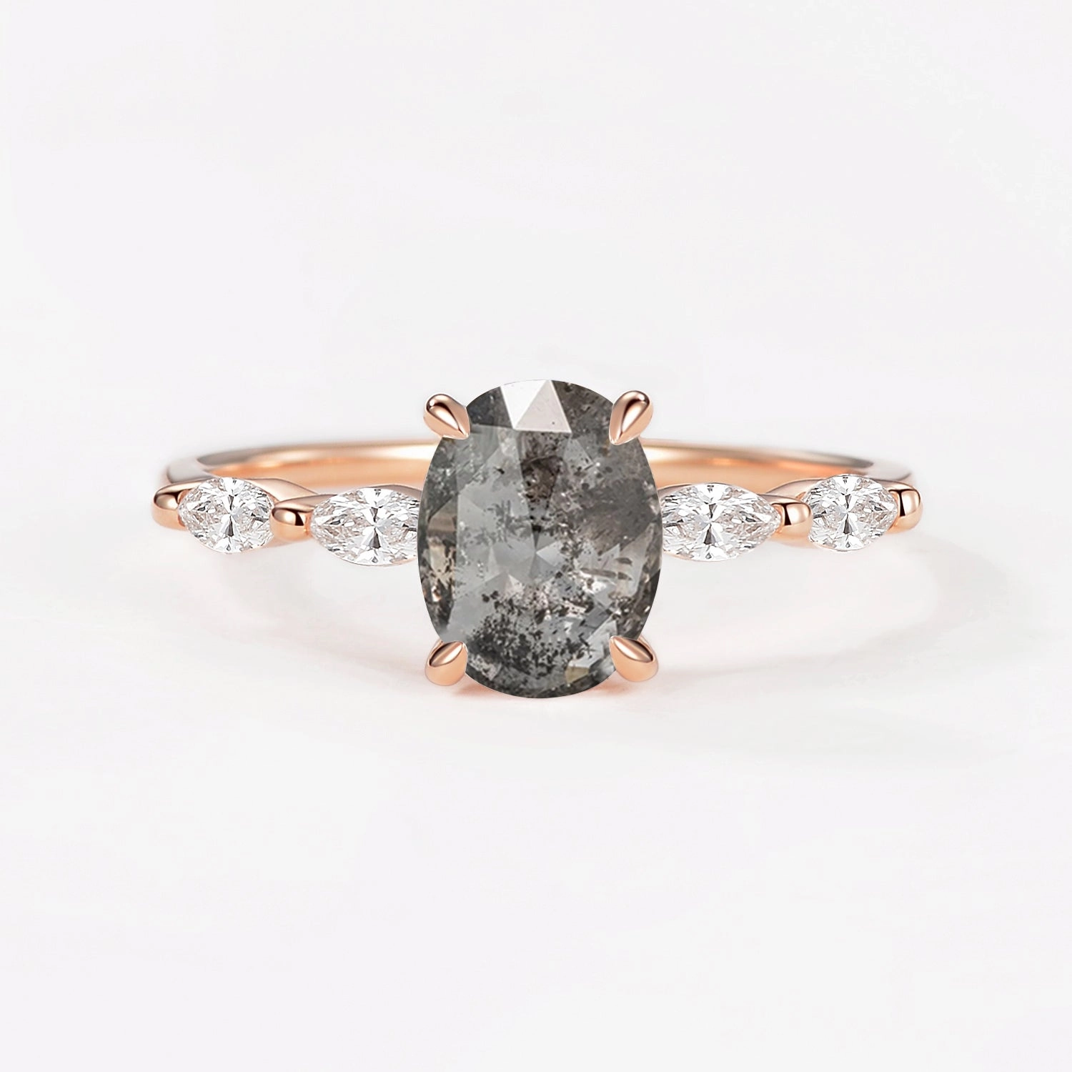 Oval Cut Salt and Pepper Diamonds Classic Engagement Ring Luxury Collection Layered Texture