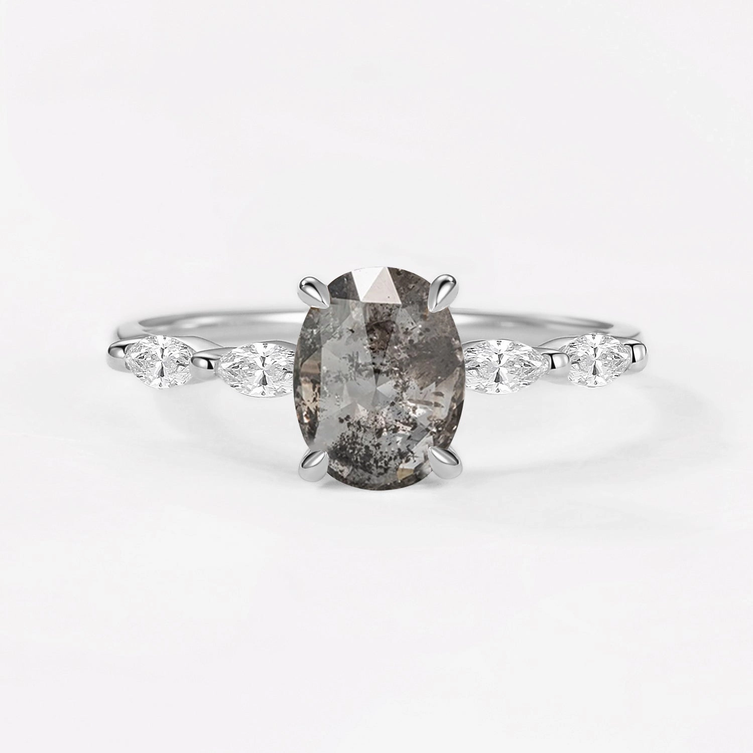 Oval Cut Salt and Pepper Diamonds Classic Engagement Ring Highlight Edge