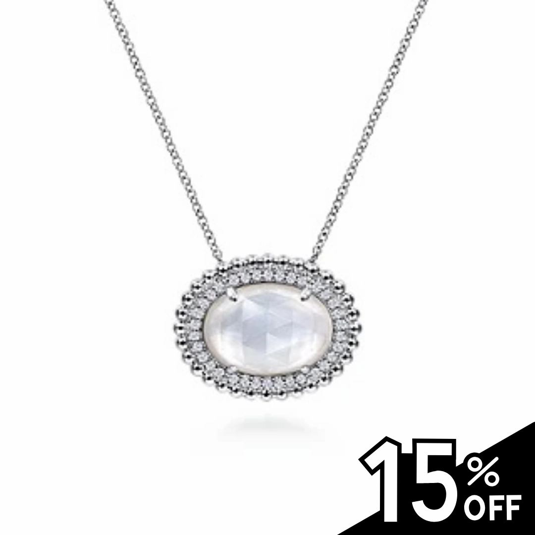 Style Match Textured Finish 925 Sterling Silver White Sapphire and Rock Crystal and MOP Pendant Necklace