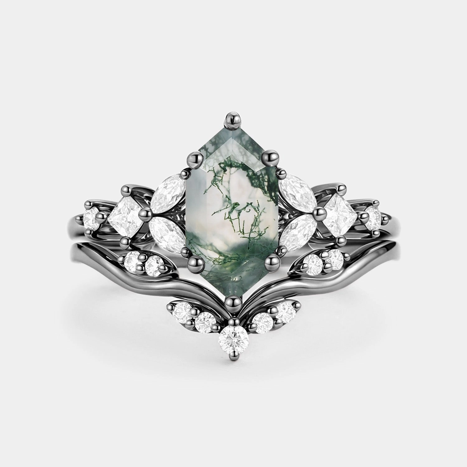 Long Hexagon Moss Agate Engagement Ring Set 2pcs - Vexa Mother Daughter Versatile Shine