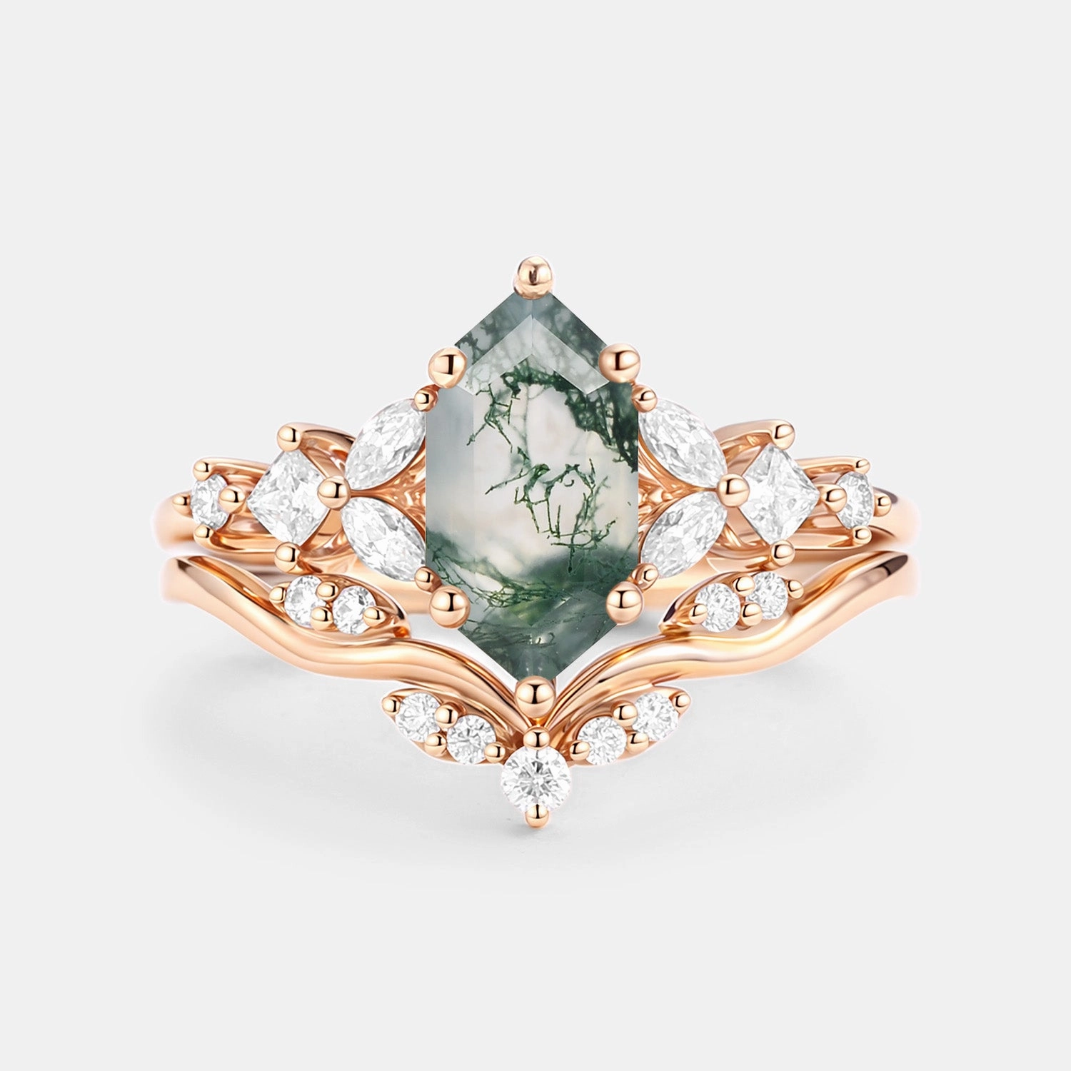 Long Hexagon Moss Agate Engagement Ring Set 2pcs - Vexa Machine Processed Daily Simplicity
