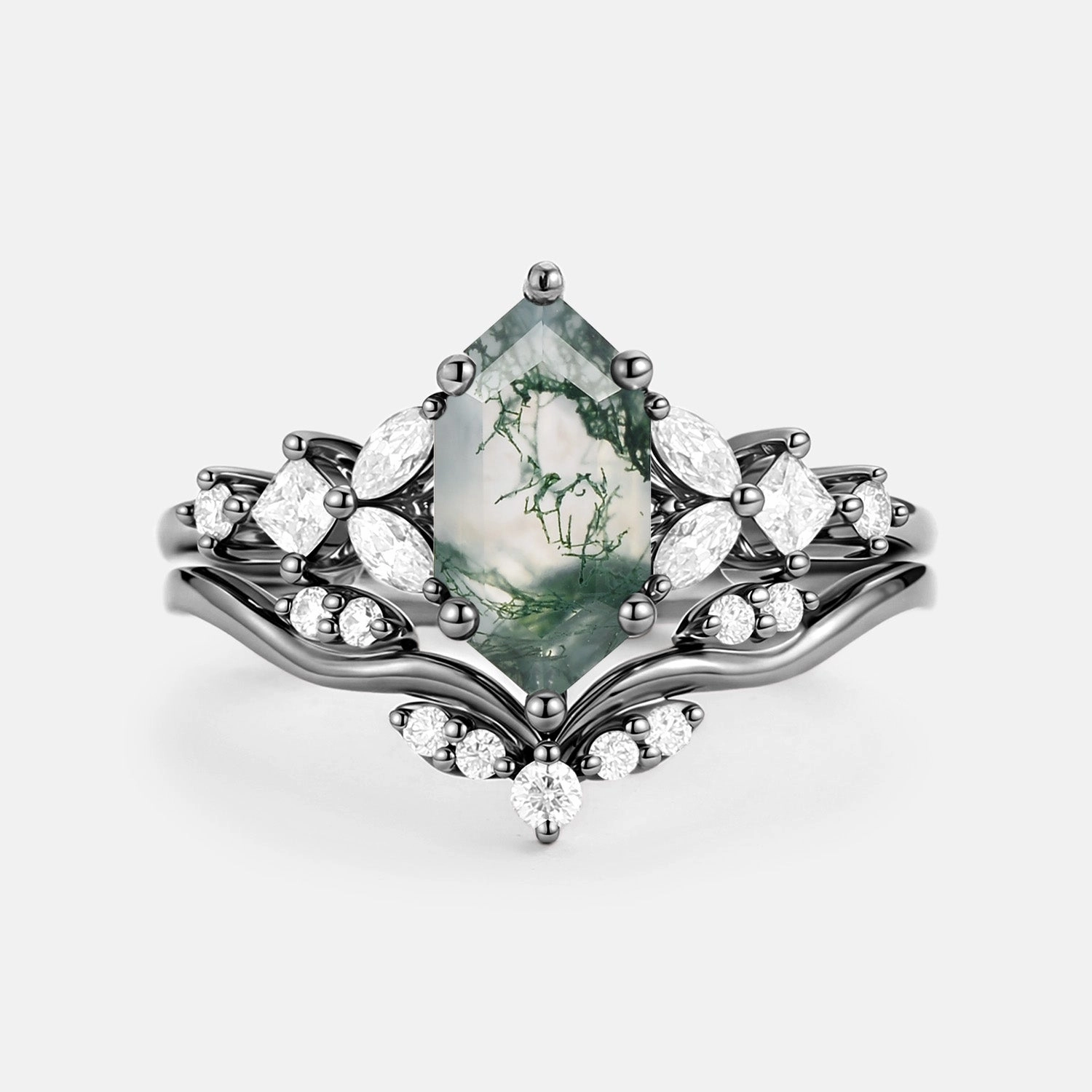 Shiny Features Long Hexagon Moss Agate Engagement Ring Set 2pcs - Vexa