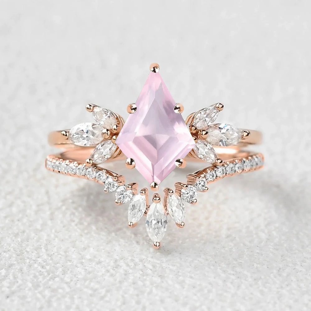 Affordable Accessory Kite Cut Rose Quartz Butterfly Engagement Ring Set 2pcs