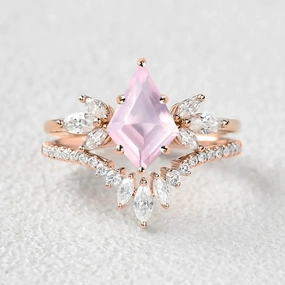 Affordable Accessory Kite Cut Rose Quartz Butterfly Engagement Ring Set 2pcs