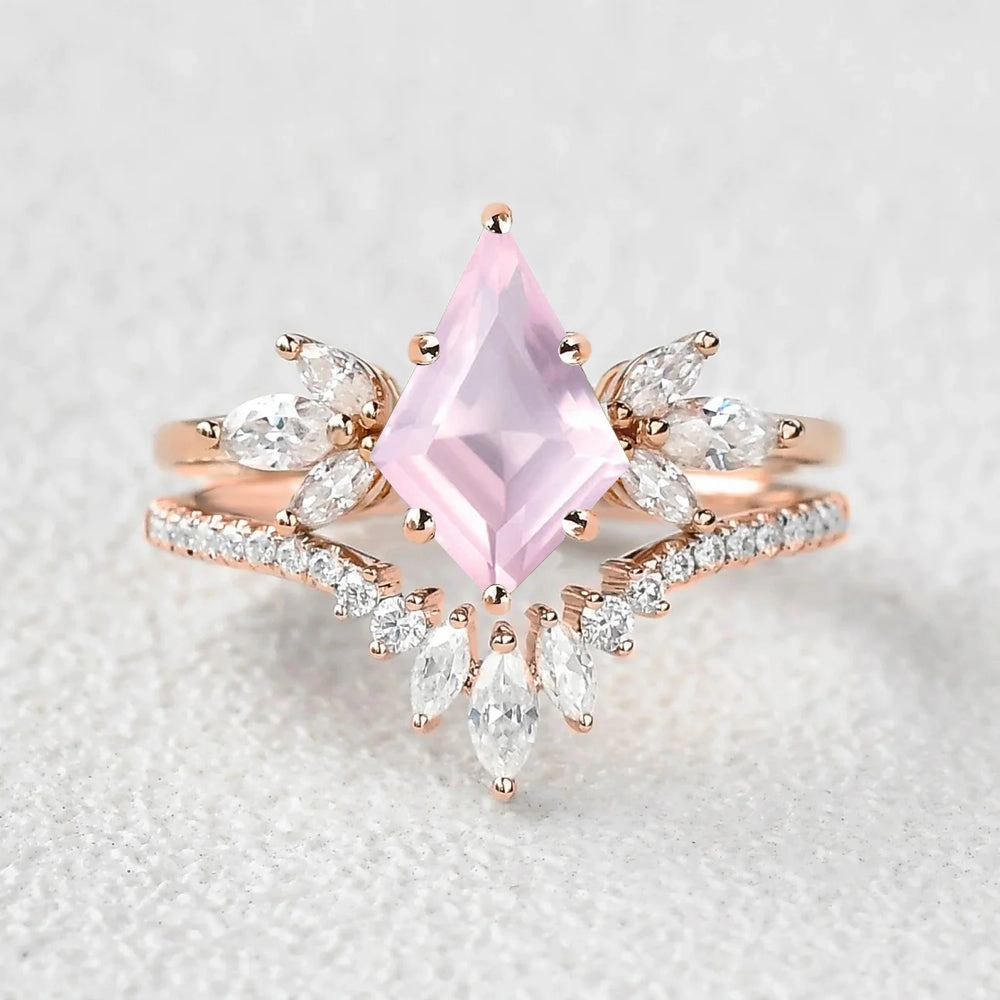 Kite Cut Rose Quartz Butterfly Engagement Ring Set 2pcs Wardrobe Fit Personal Product