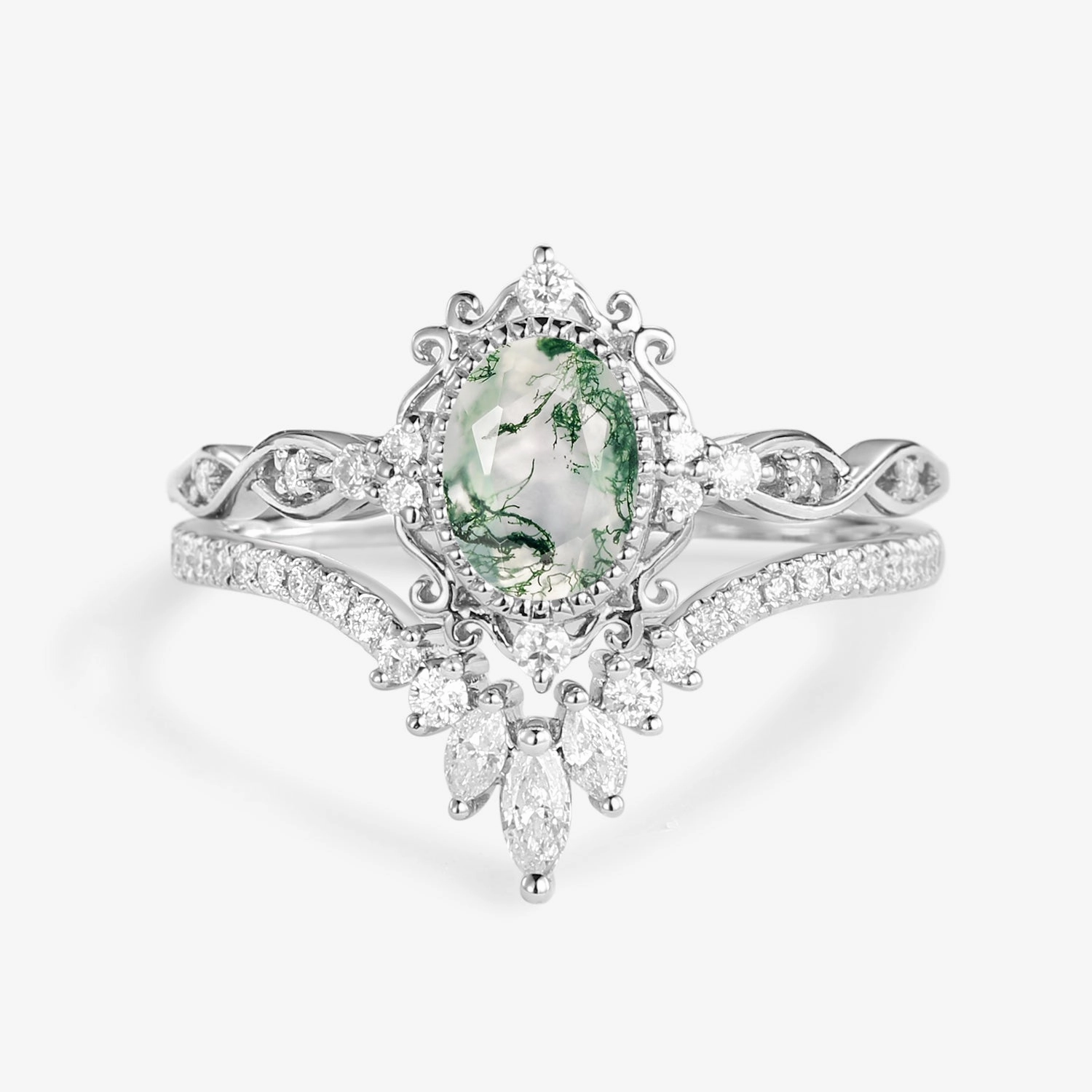 Ornate Jewelry Oval Cut Vintage Moss Agate Engagement Ring Set 2pcs - Linden