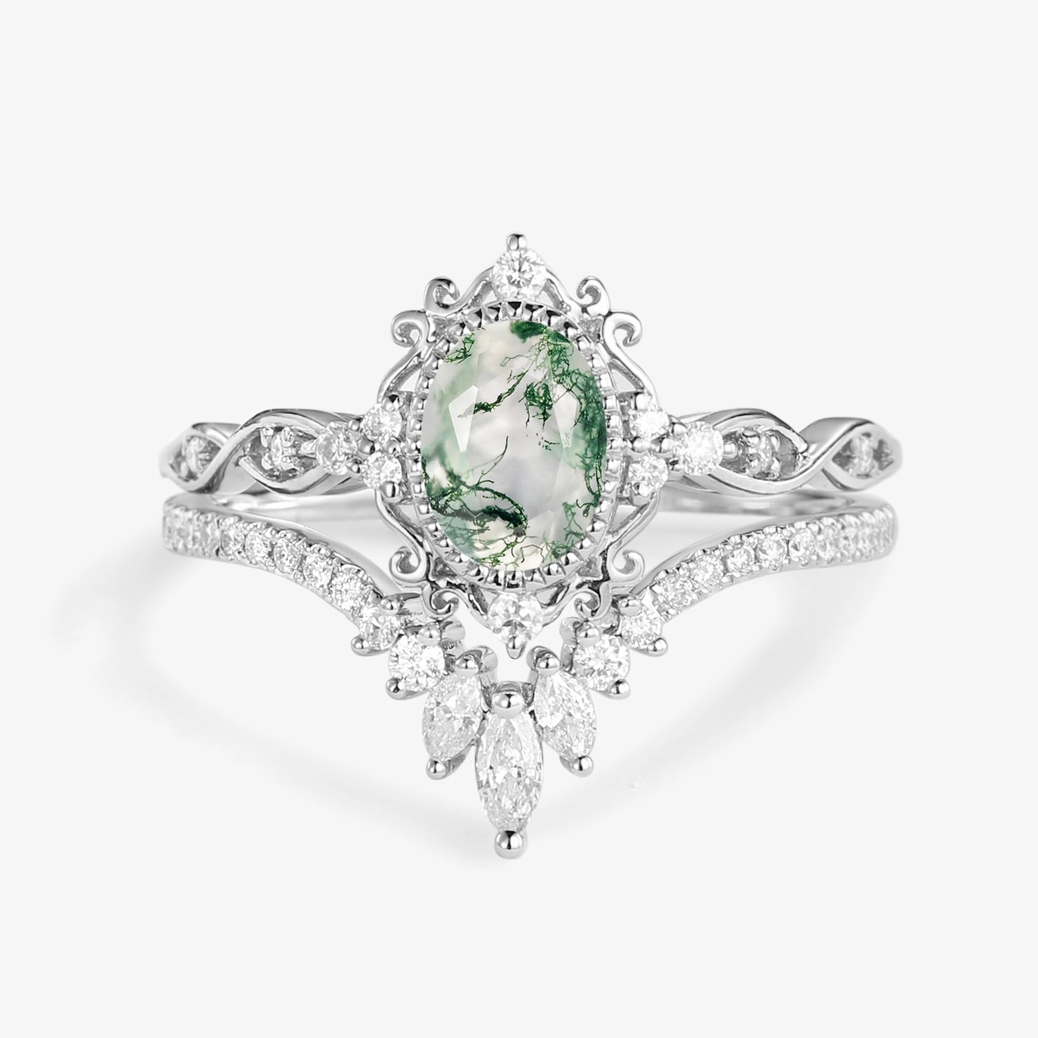 Oval Cut Vintage Moss Agate Engagement Ring Set 2pcs - Linden Glow Finish Art Deco Feel