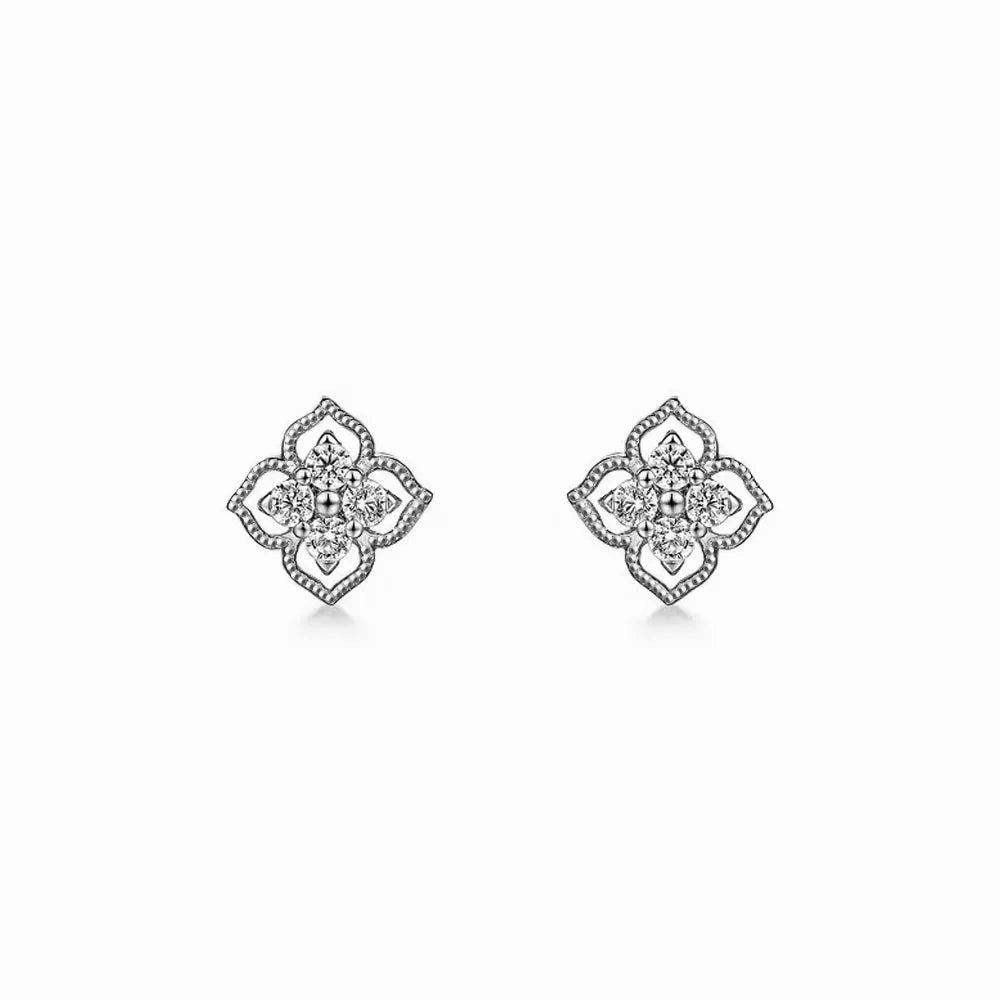 Raised-Edge Clover Diamond Studs with Centered Sparkle Birthday Surprise