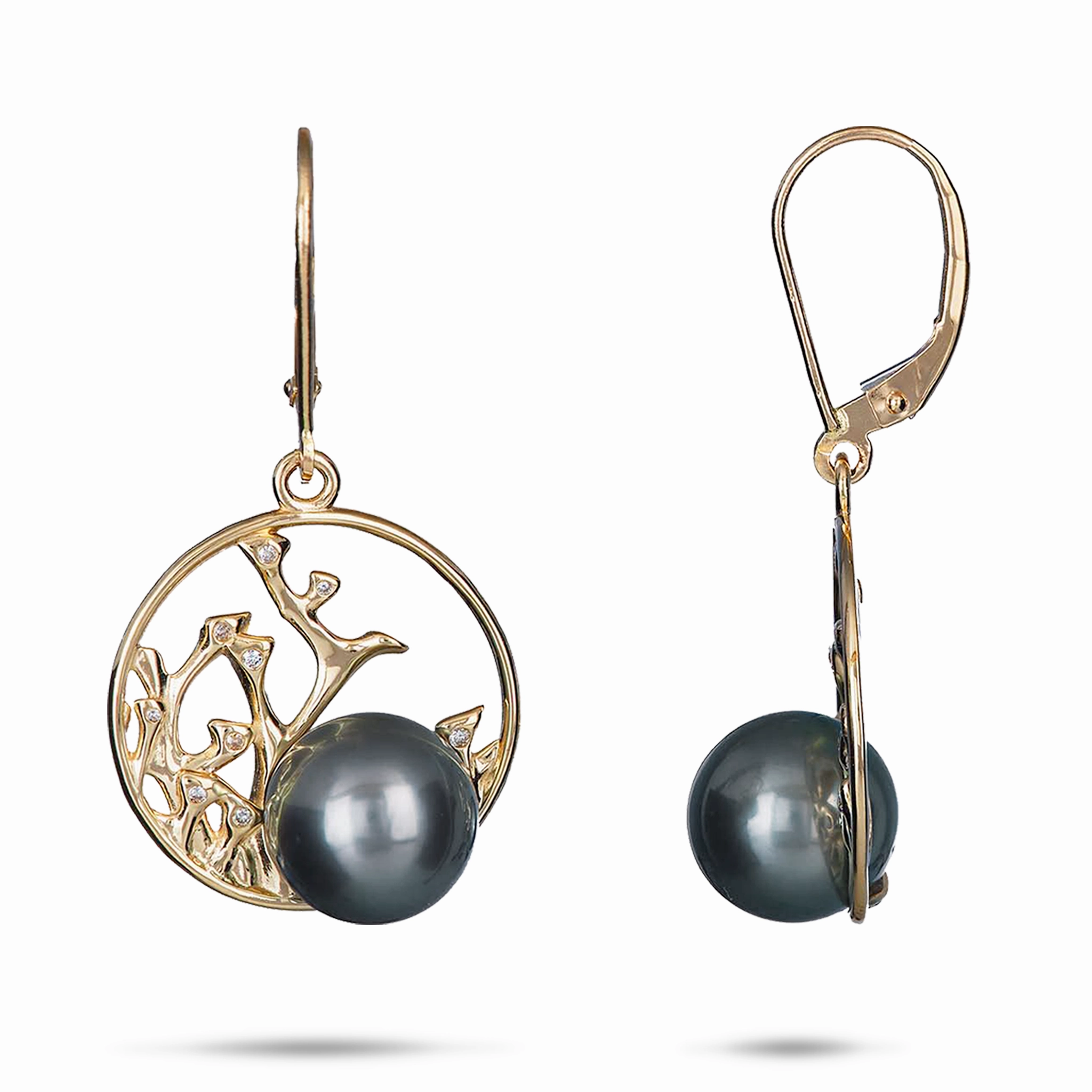 Reefs Tahitian Black Pearl Earrings in Gold with Diamonds - 9-10mm Gloss Finish Romantic Edge