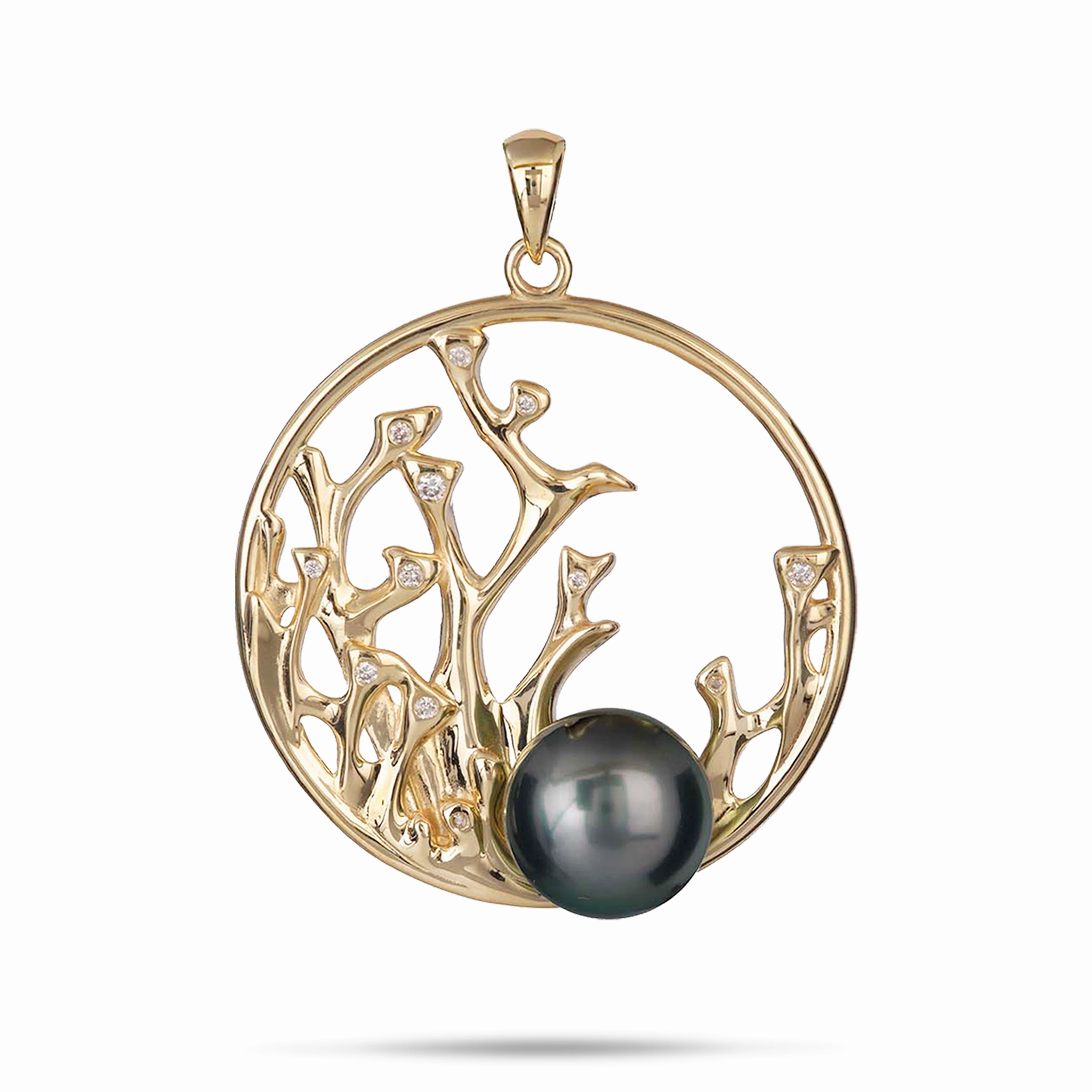 Glowing Detail Reefs Tahitian Black Pearl Pendant in Gold with Diamonds - 30mm