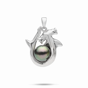 Tahitian Black Pearl Hammerhead Shark Pendant in White Gold - 9-10mm Glistening Glow