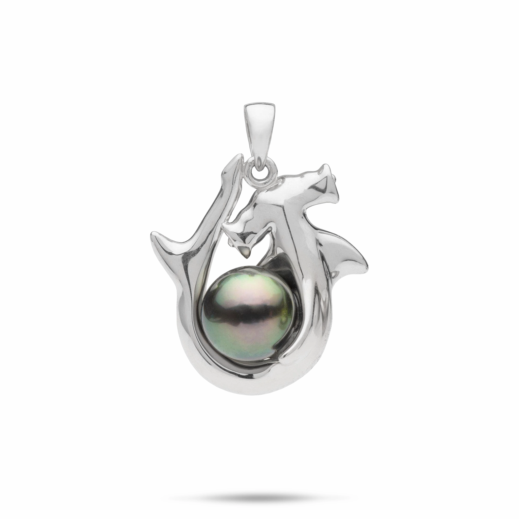 Tahitian Black Pearl Hammerhead Shark Pendant in White Gold - 9-10mm Finest Accent