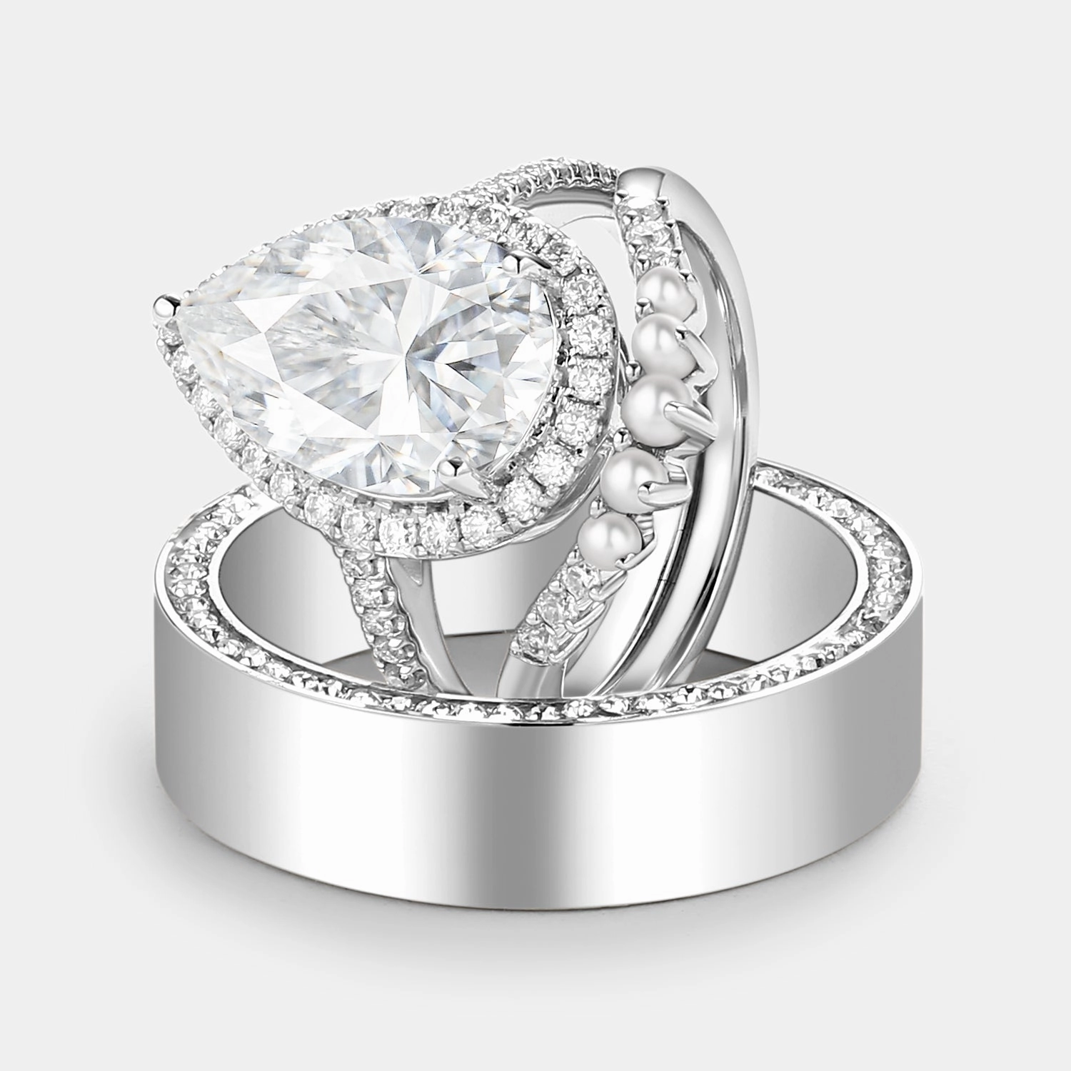 Comfortable Jewelry Pear Moissanite & Pearl Classic Halo Couple Ring Set 3pcs
