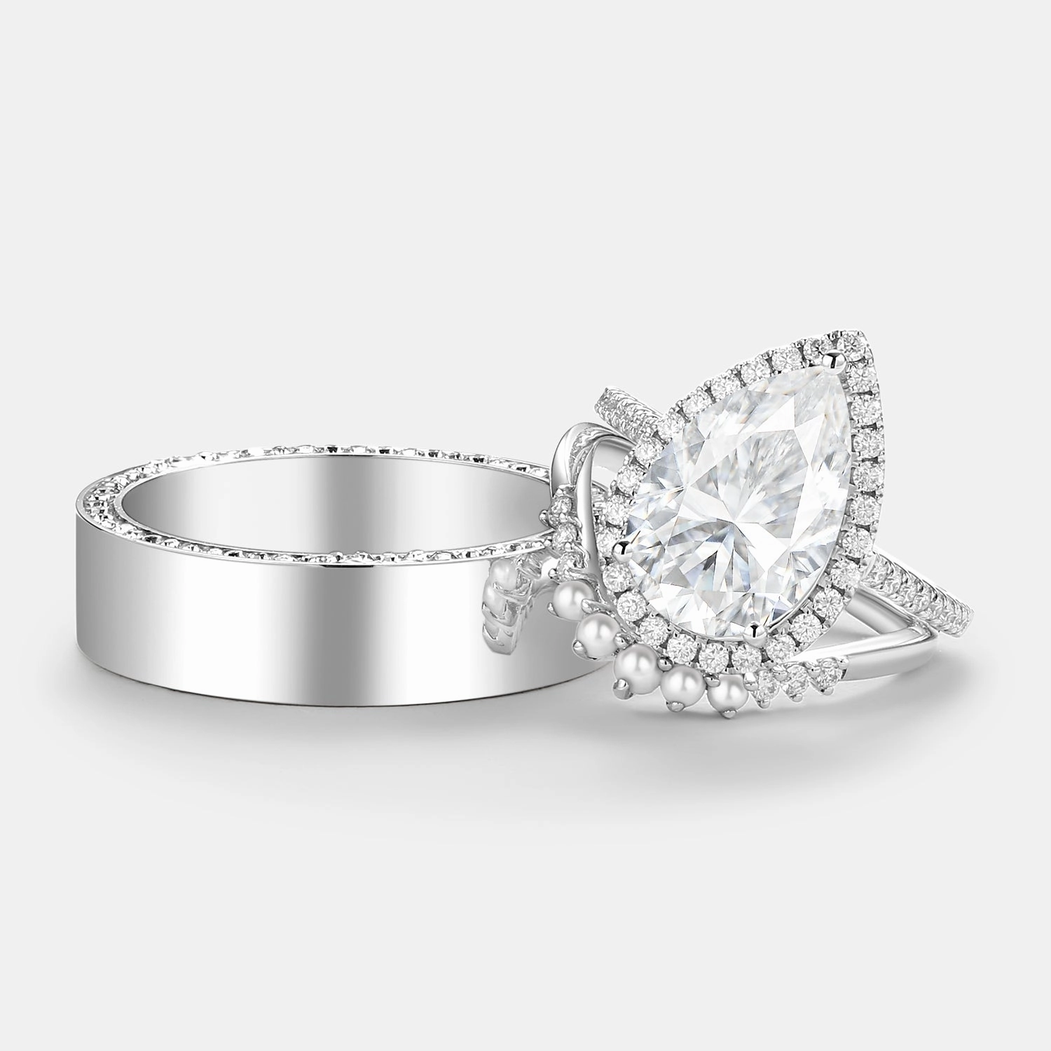 Pear Moissanite & Pearl Classic Halo Couple Ring Set 3pcs night look