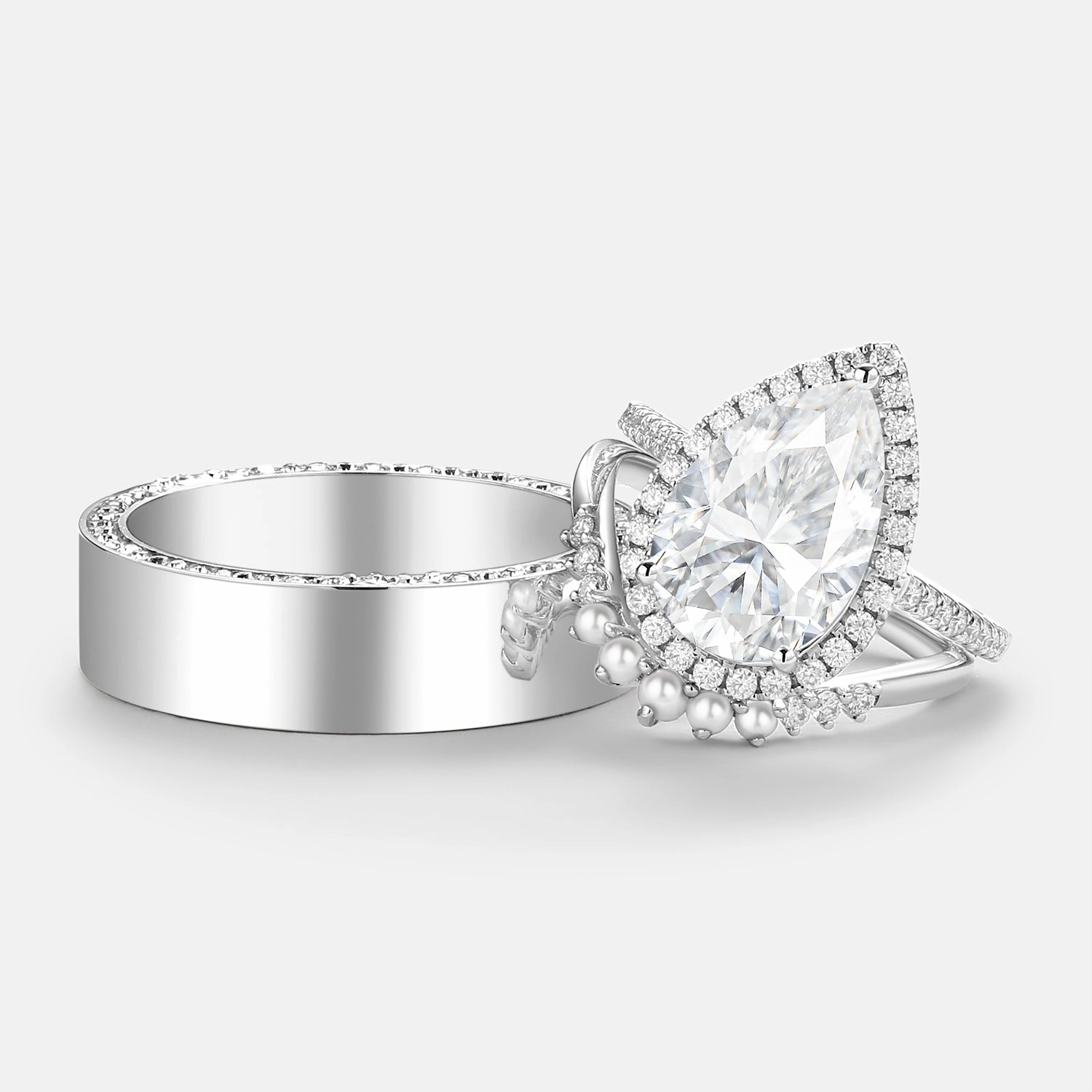Pear Moissanite & Pearl Classic Halo Couple Ring Set 3pcs Versatile Touch Event Jewelry