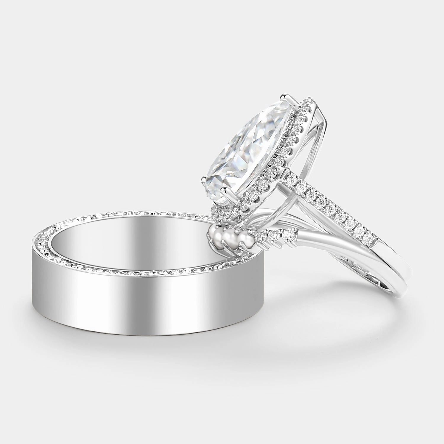 Pear Moissanite & Pearl Classic Halo Couple Ring Set 3pcs Occasion Ready