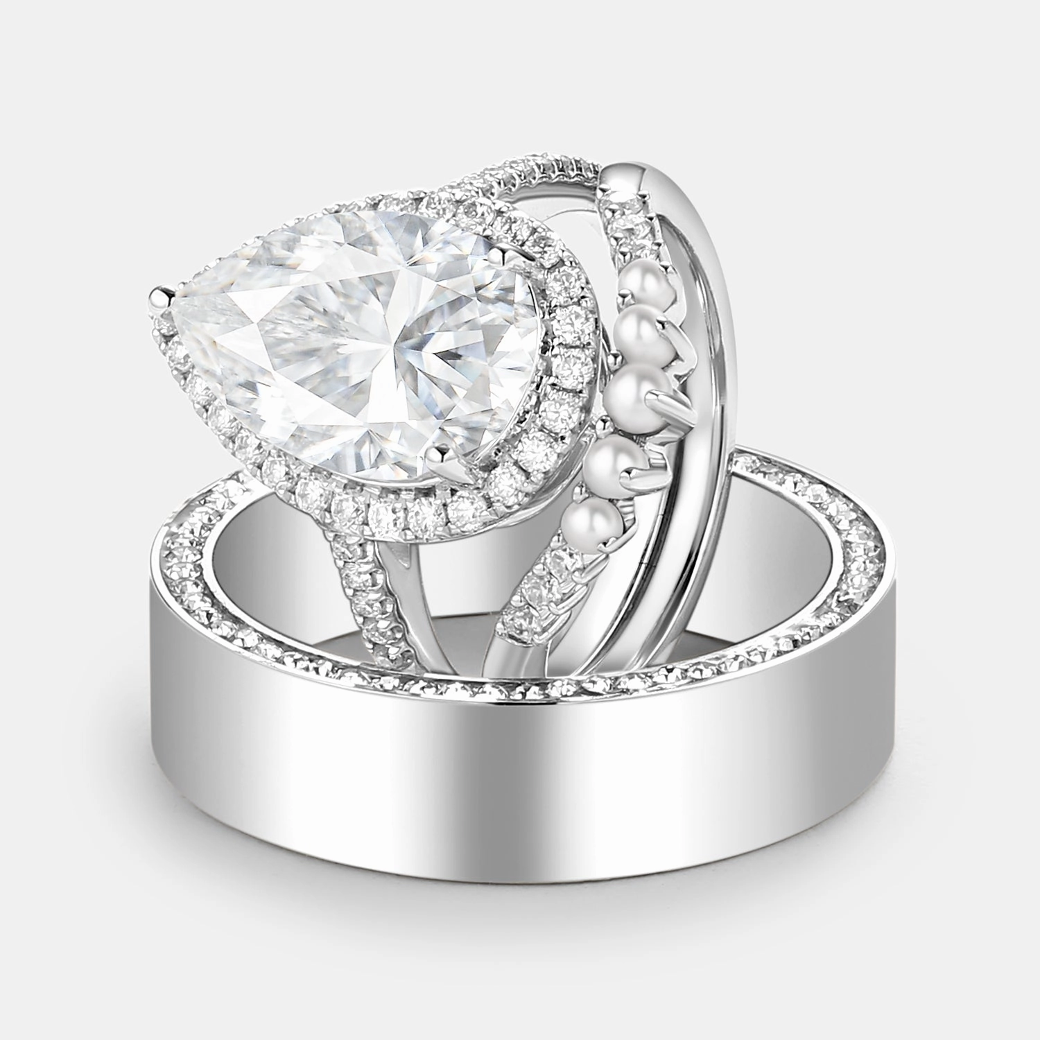 Pear Moissanite & Pearl Classic Halo Couple Ring Set 3pcs Sentimental Style