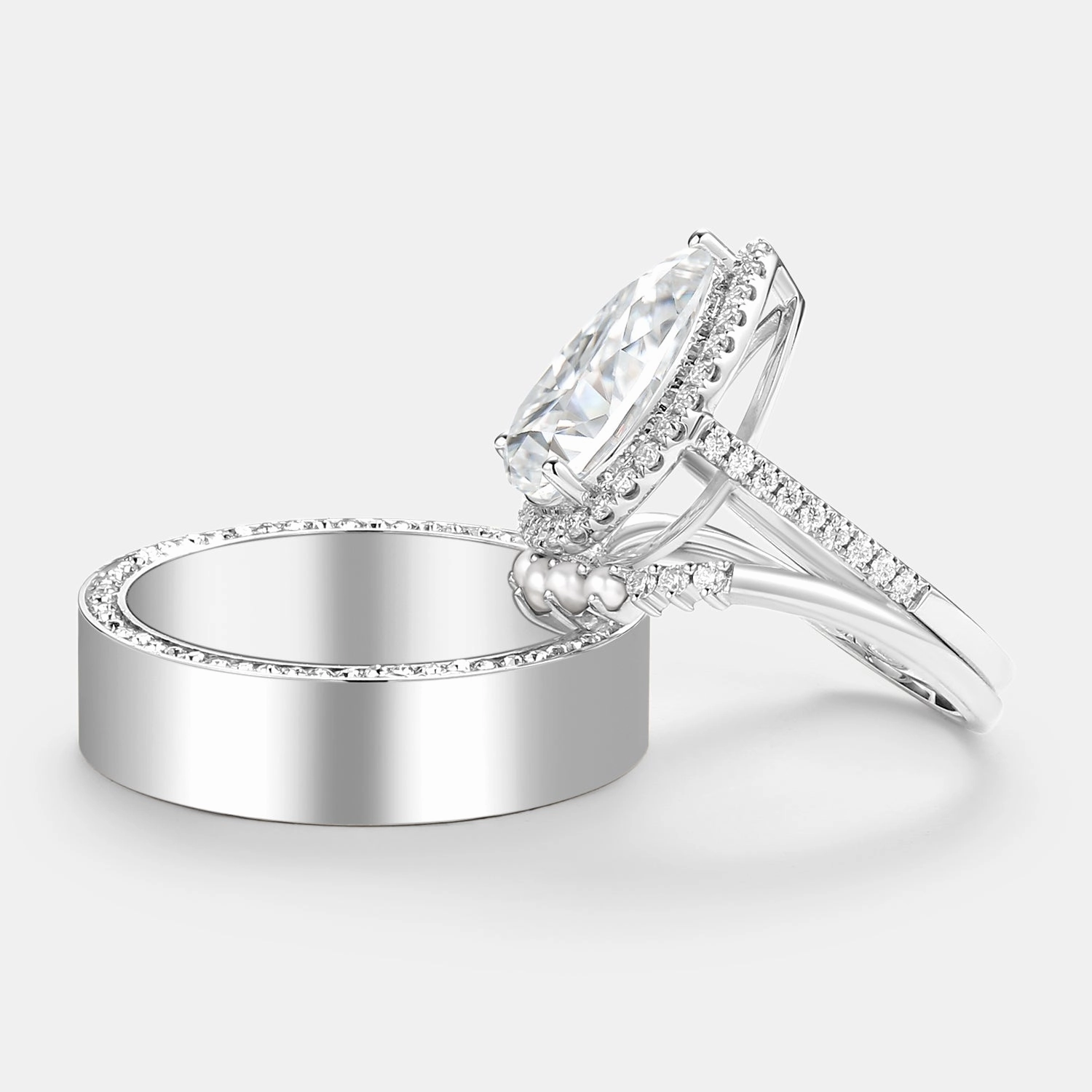 Pear Moissanite & Pearl Classic Halo Couple Ring Set 3pcs Amazing Product Luxury Gift