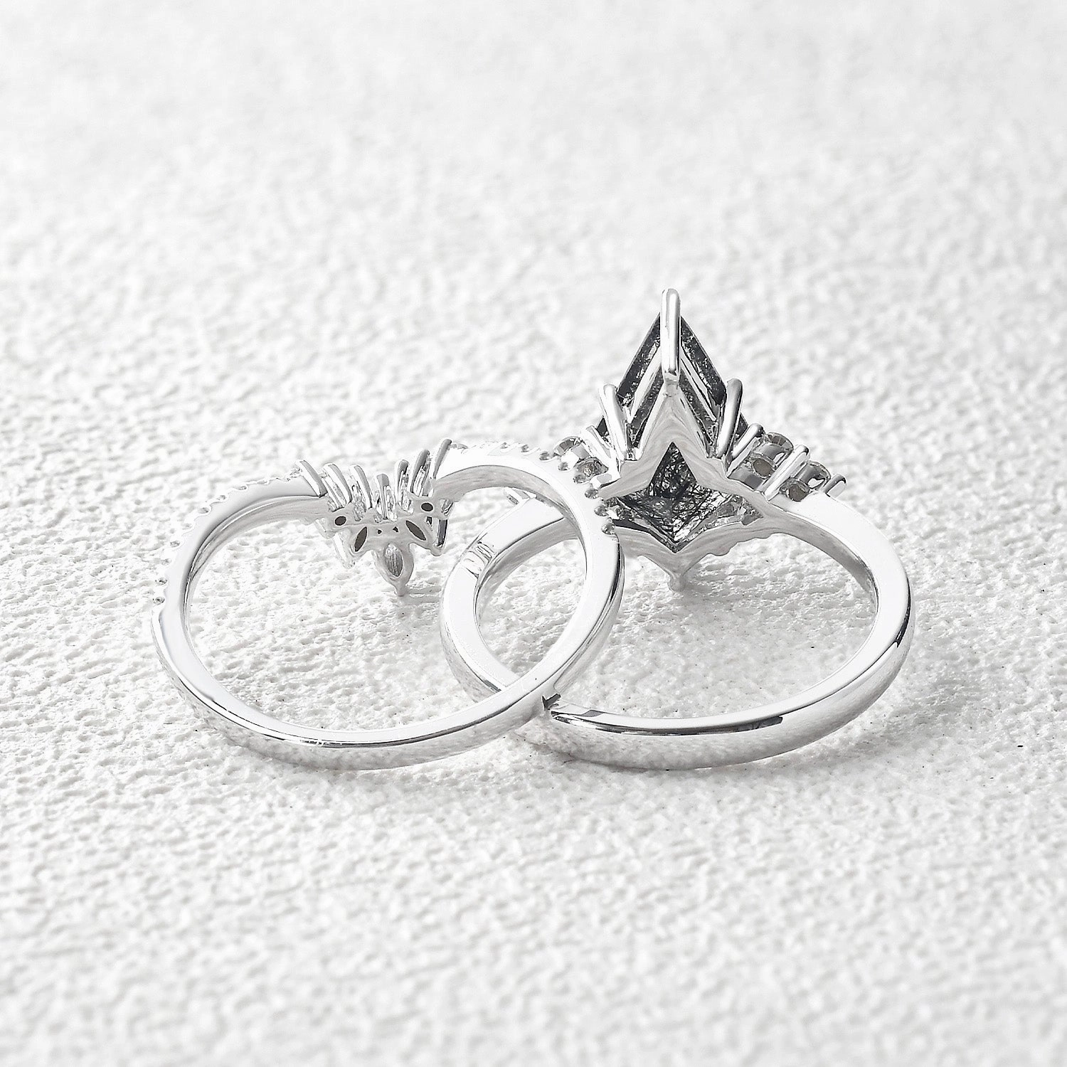 Unique Black Rutilated Quartz Big Engagement Ring Set 2pcs - Lydia Hexagonal Style