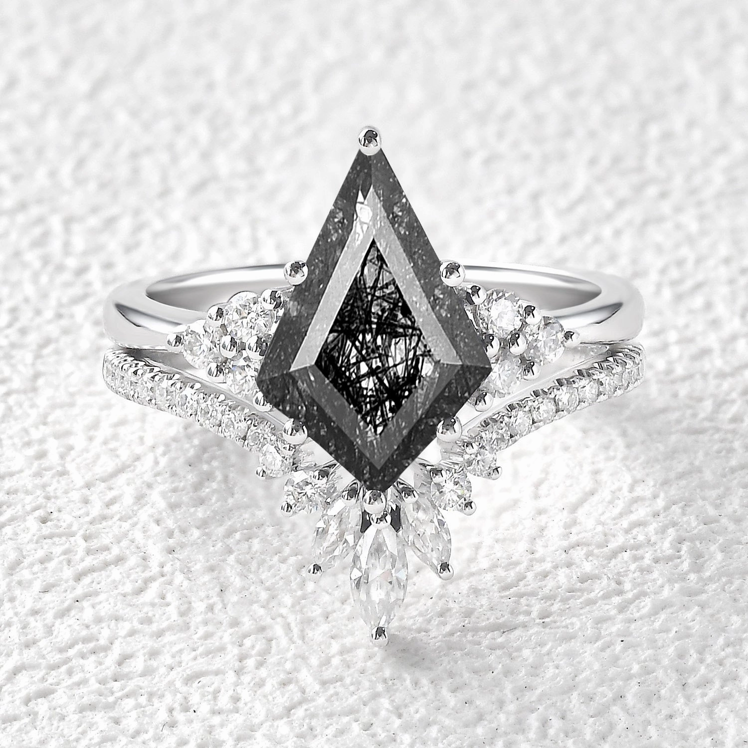 Unique Black Rutilated Quartz Big Engagement Ring Set 2pcs - Lydia Romantic Ornament