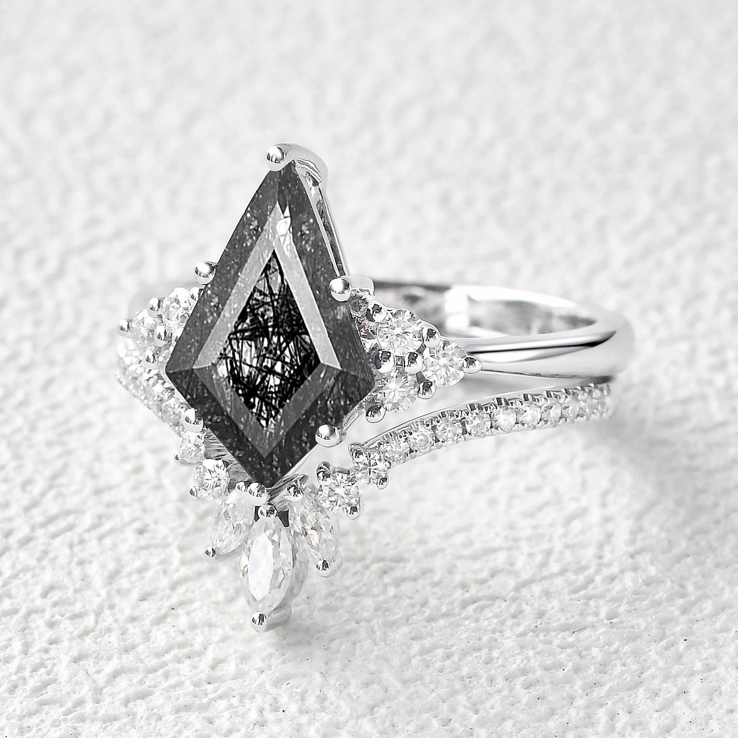 Modern Decoration Unique Black Rutilated Quartz Big Engagement Ring Set 2pcs - Lydia