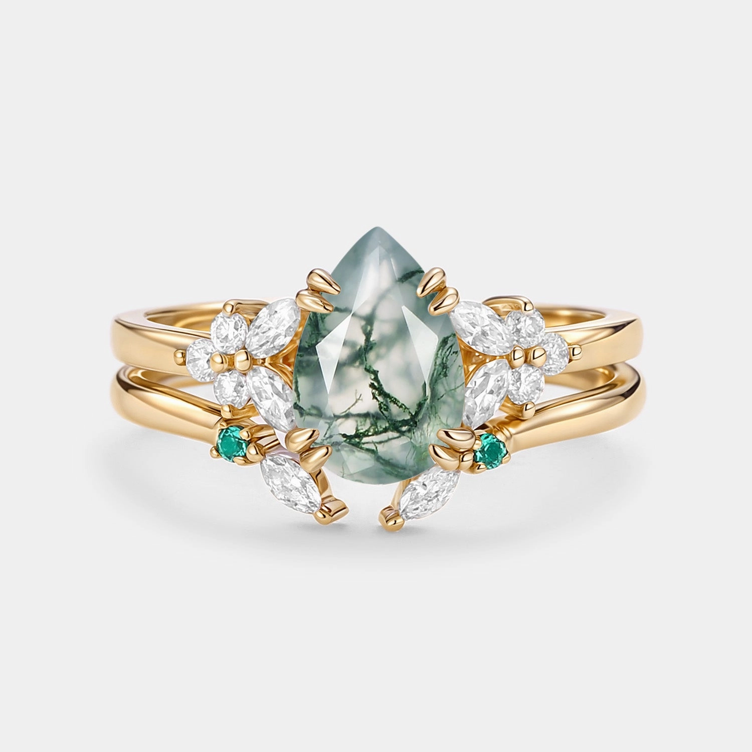 Cluster Pear Shaped Moss Agate Chevron Gold Ring Set 2pcs - Anya Shining Feature