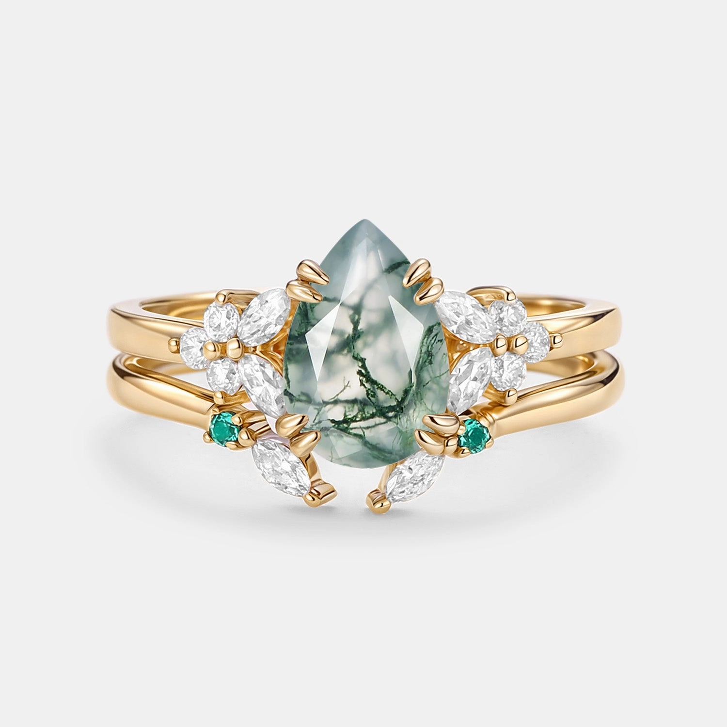 Cluster Pear Shaped Moss Agate Chevron Gold Ring Set 2pcs - Anya Neutral Vibe
