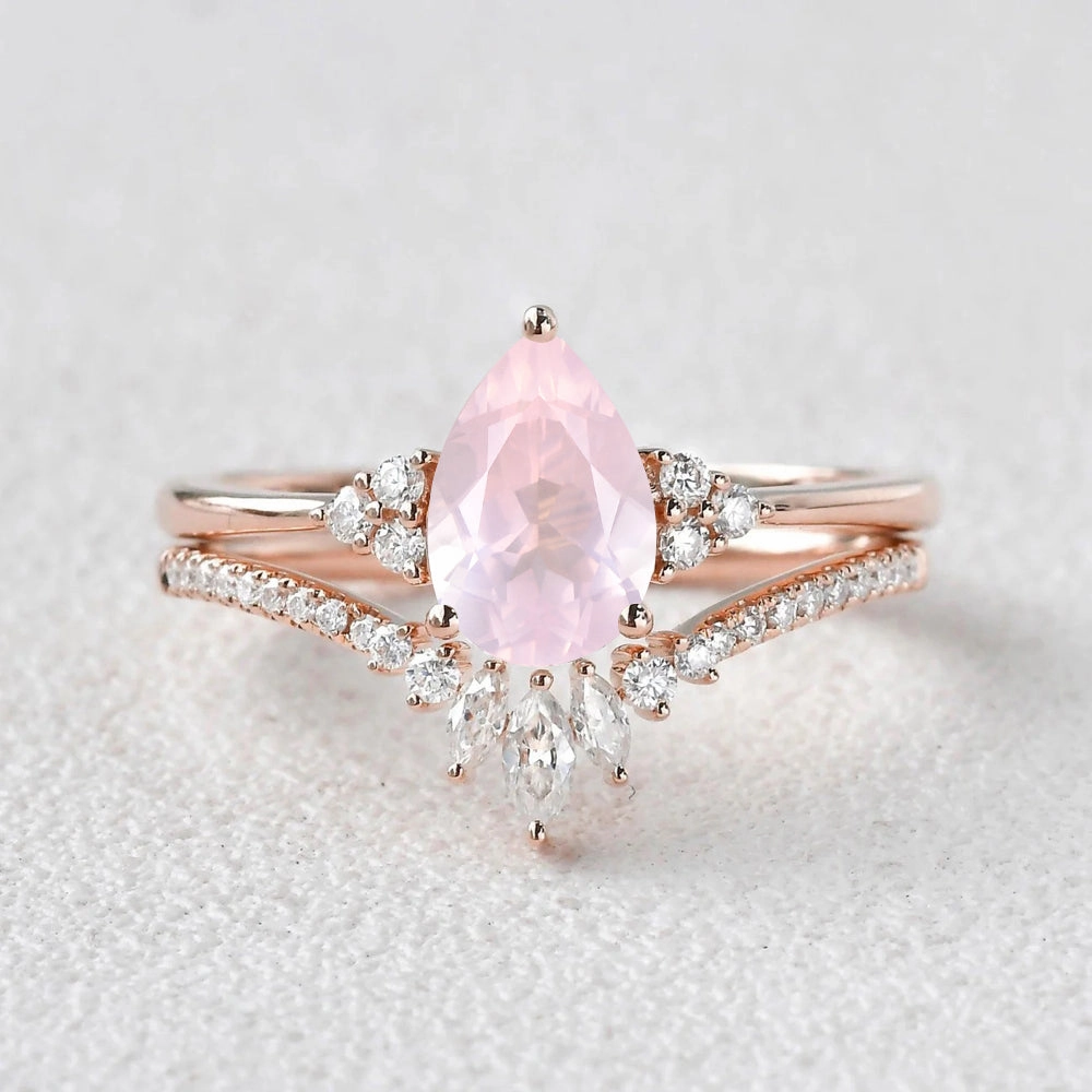 Artistic Bauble 1.5ct Rose Quartz Pear Vintage Ring Set 2pcs - Lydia
