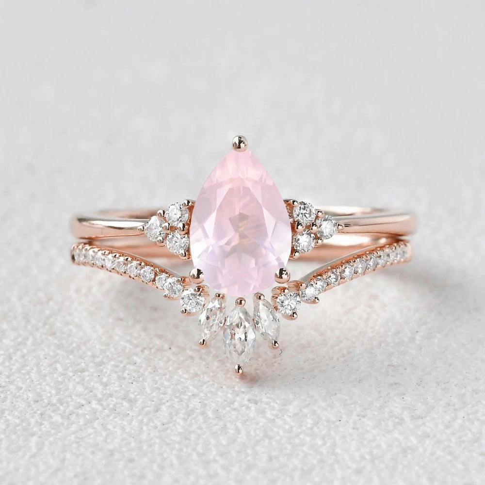 Artisan Item Eternal Decoration 1.5ct Rose Quartz Pear Vintage Ring Set 2pcs - Lydia