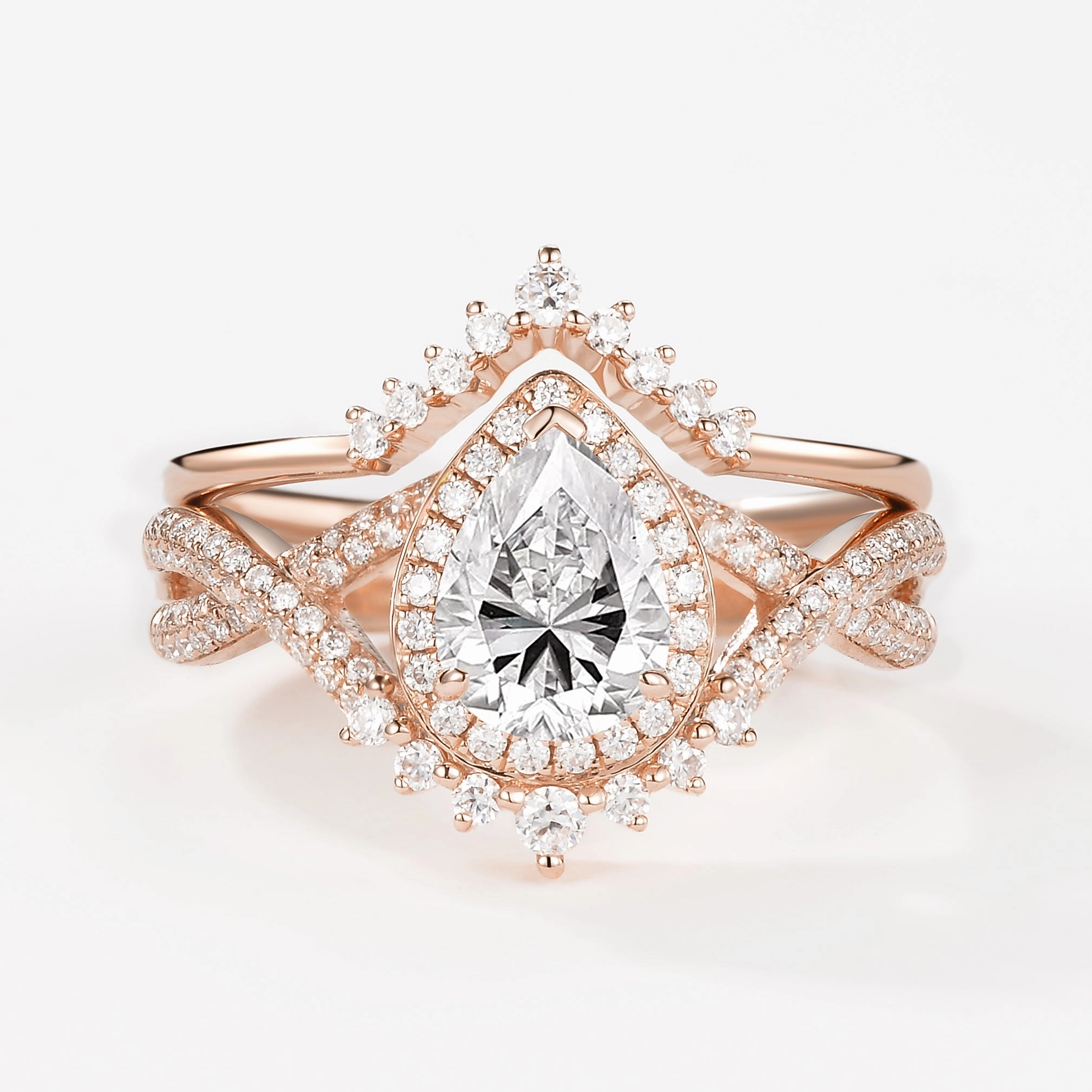 Creative Ornament Pear Moss Agate Halo Infinity Ring Set 2pcs - Valentina