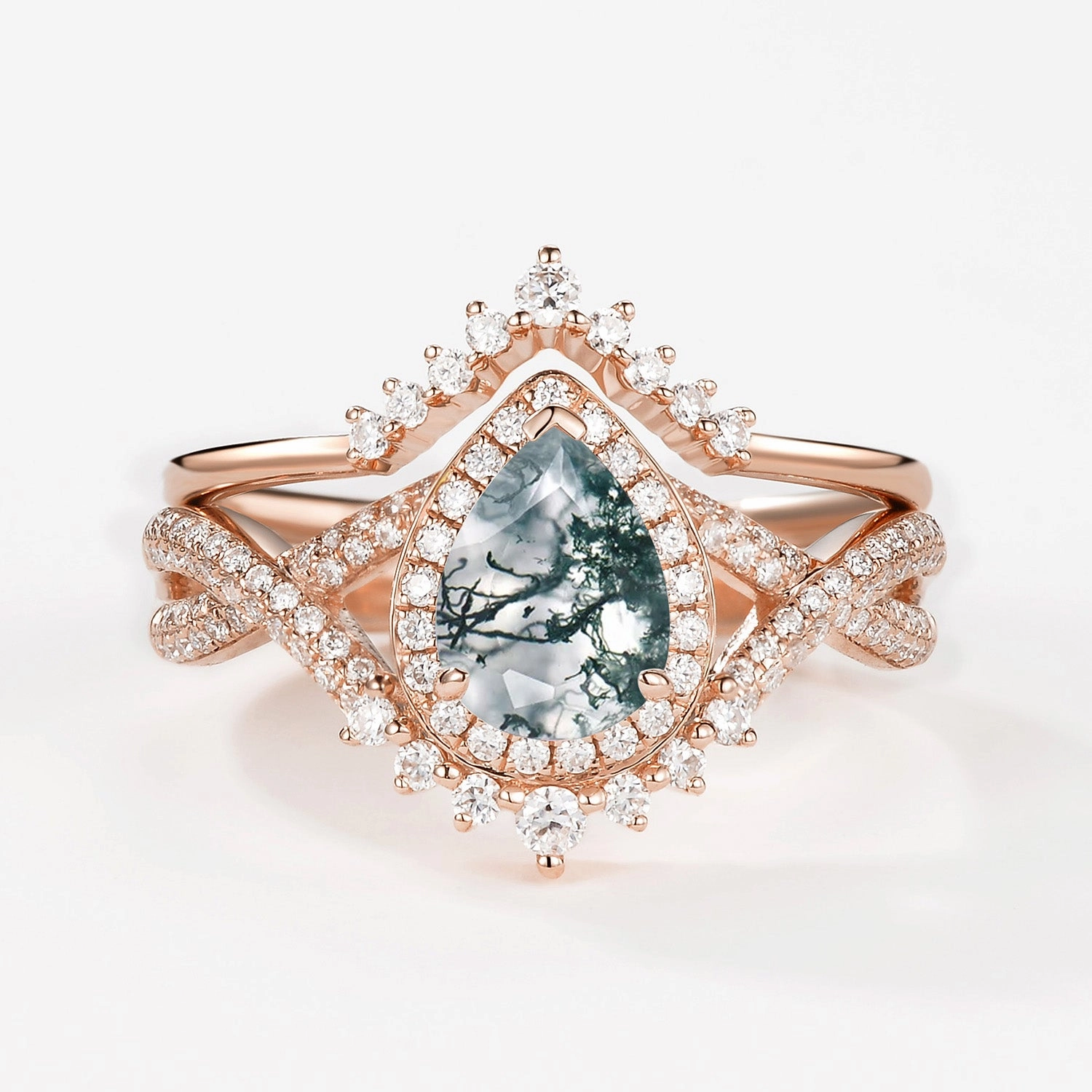 School Gift Artistic Emblem Pear Moss Agate Halo Infinity Ring Set 2pcs - Valentina